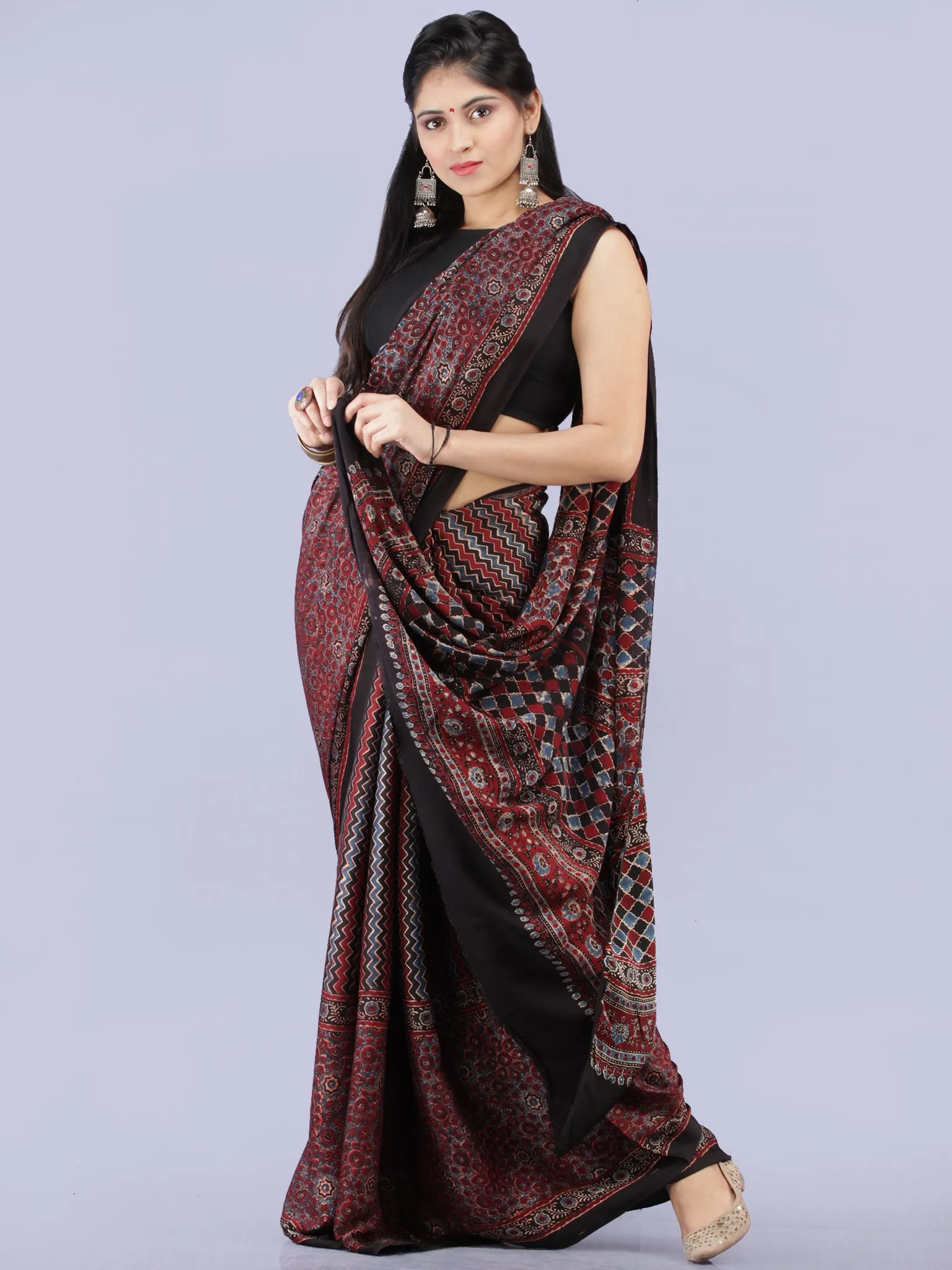 Maroon Black Blue Ajrakh Hand Block Printed Modal Silk Saree - S031704257