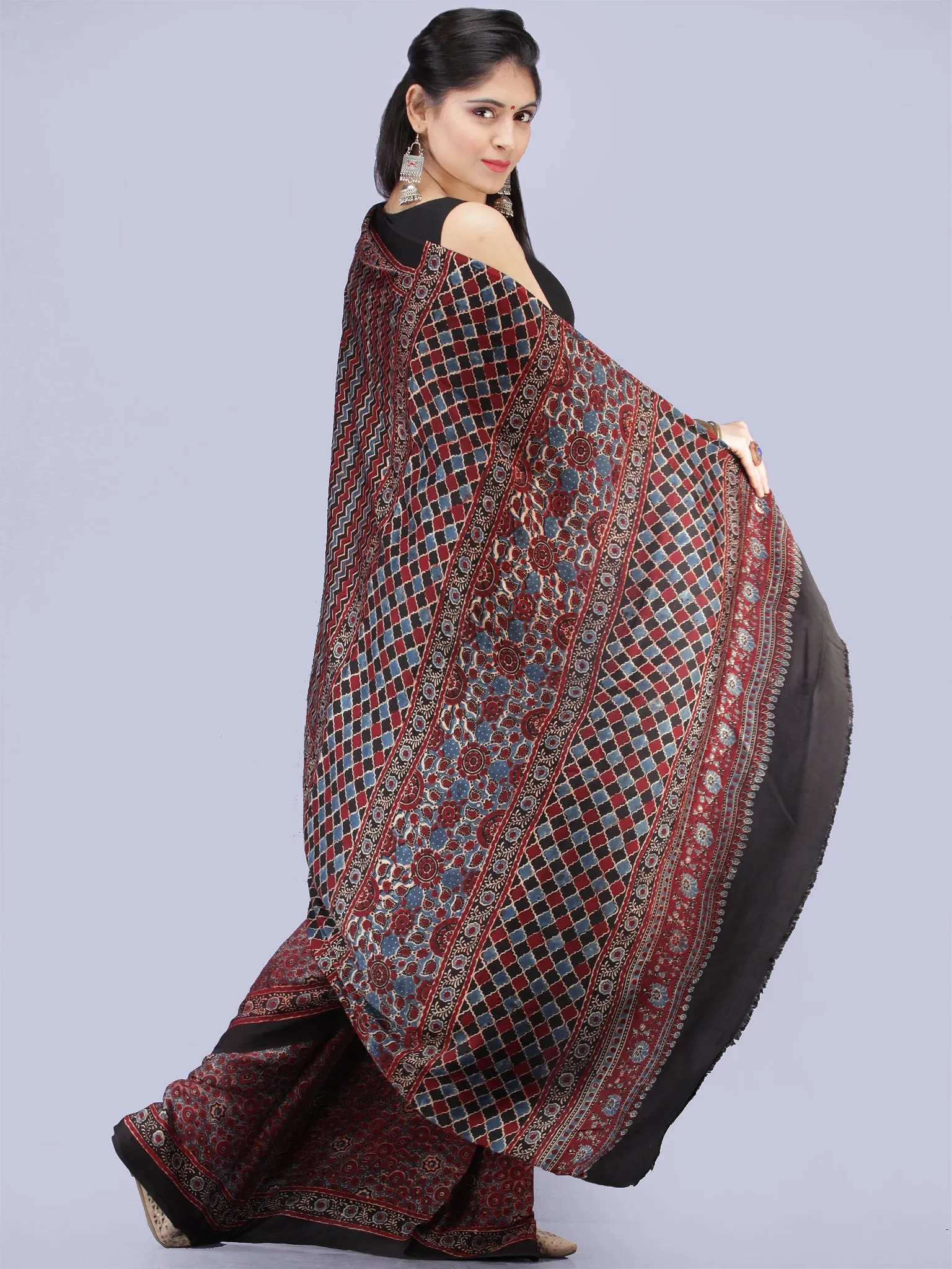 Maroon Black Blue Ajrakh Hand Block Printed Modal Silk Saree - S031704257