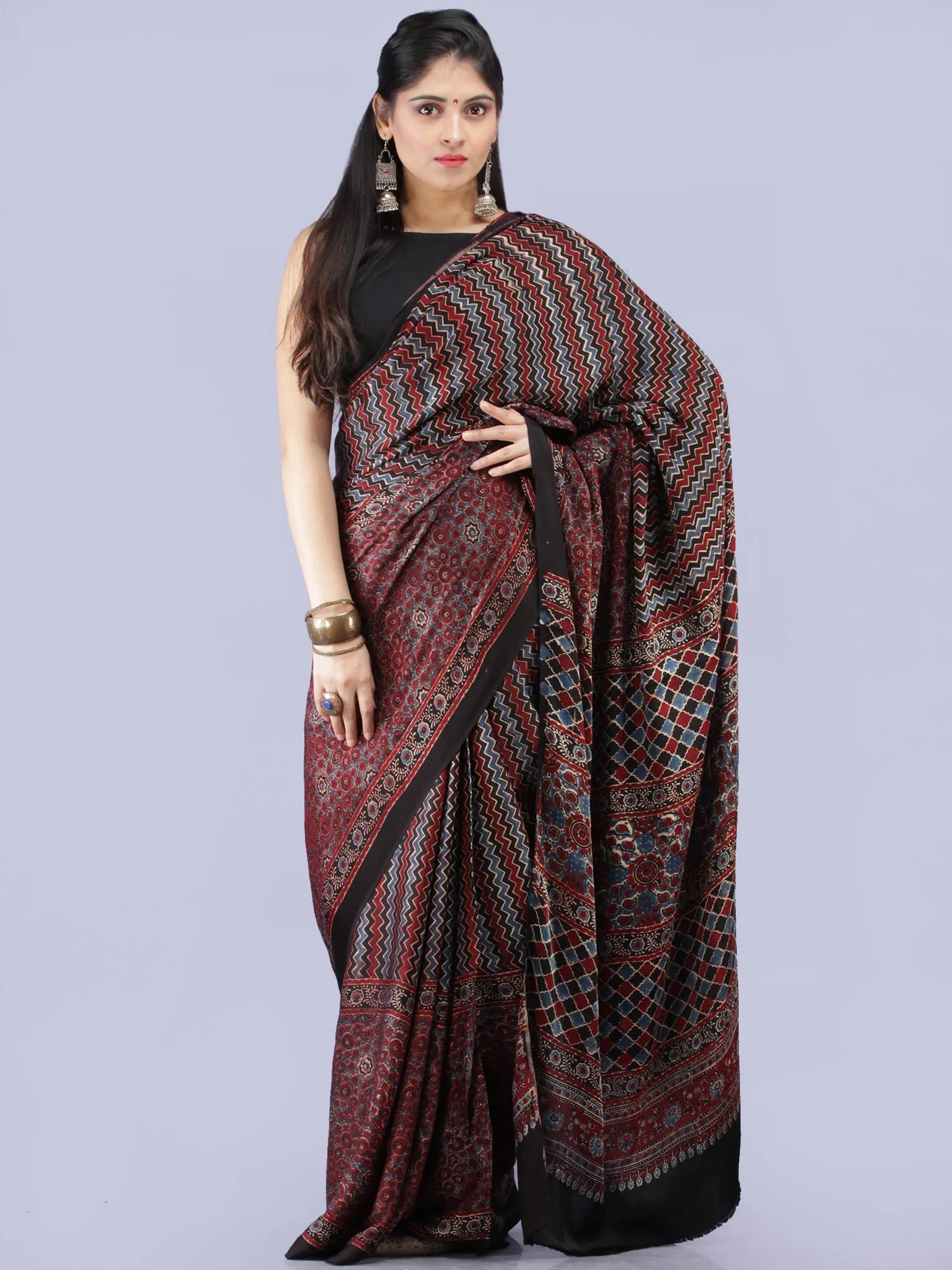 Maroon Black Blue Ajrakh Hand Block Printed Modal Silk Saree - S031704257