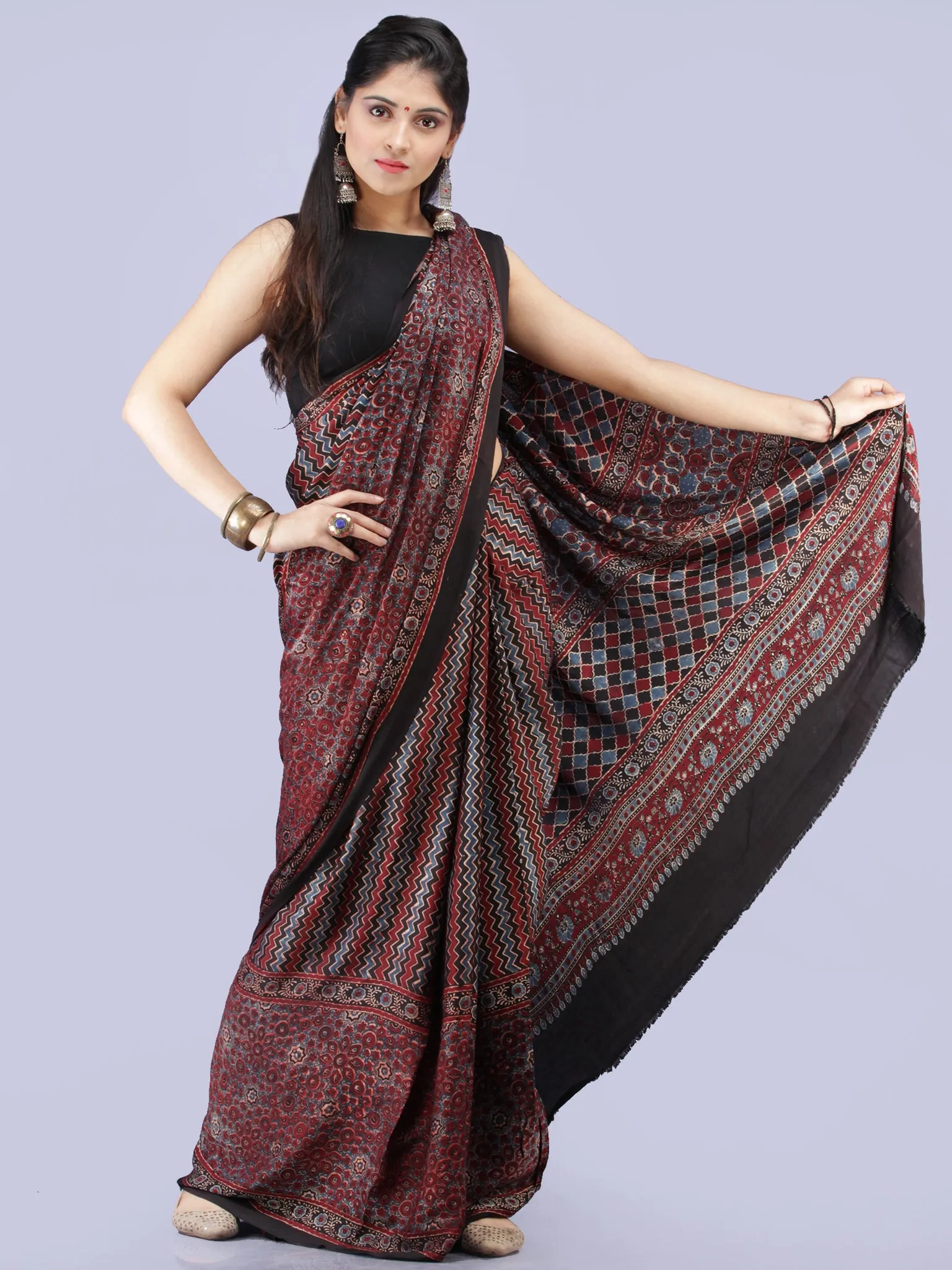 Maroon Black Blue Ajrakh Hand Block Printed Modal Silk Saree - S031704257