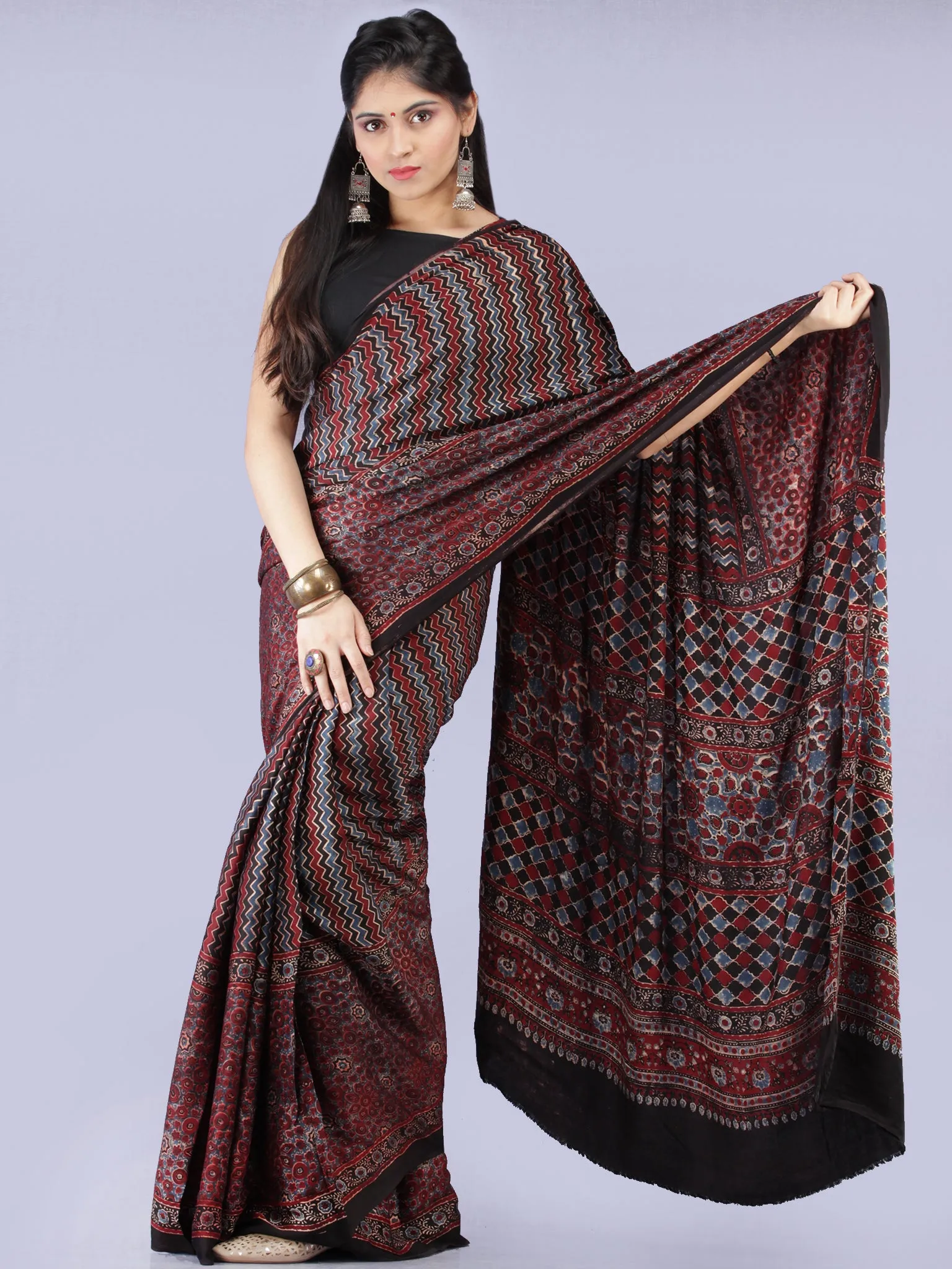 Maroon Black Blue Ajrakh Hand Block Printed Modal Silk Saree - S031704257