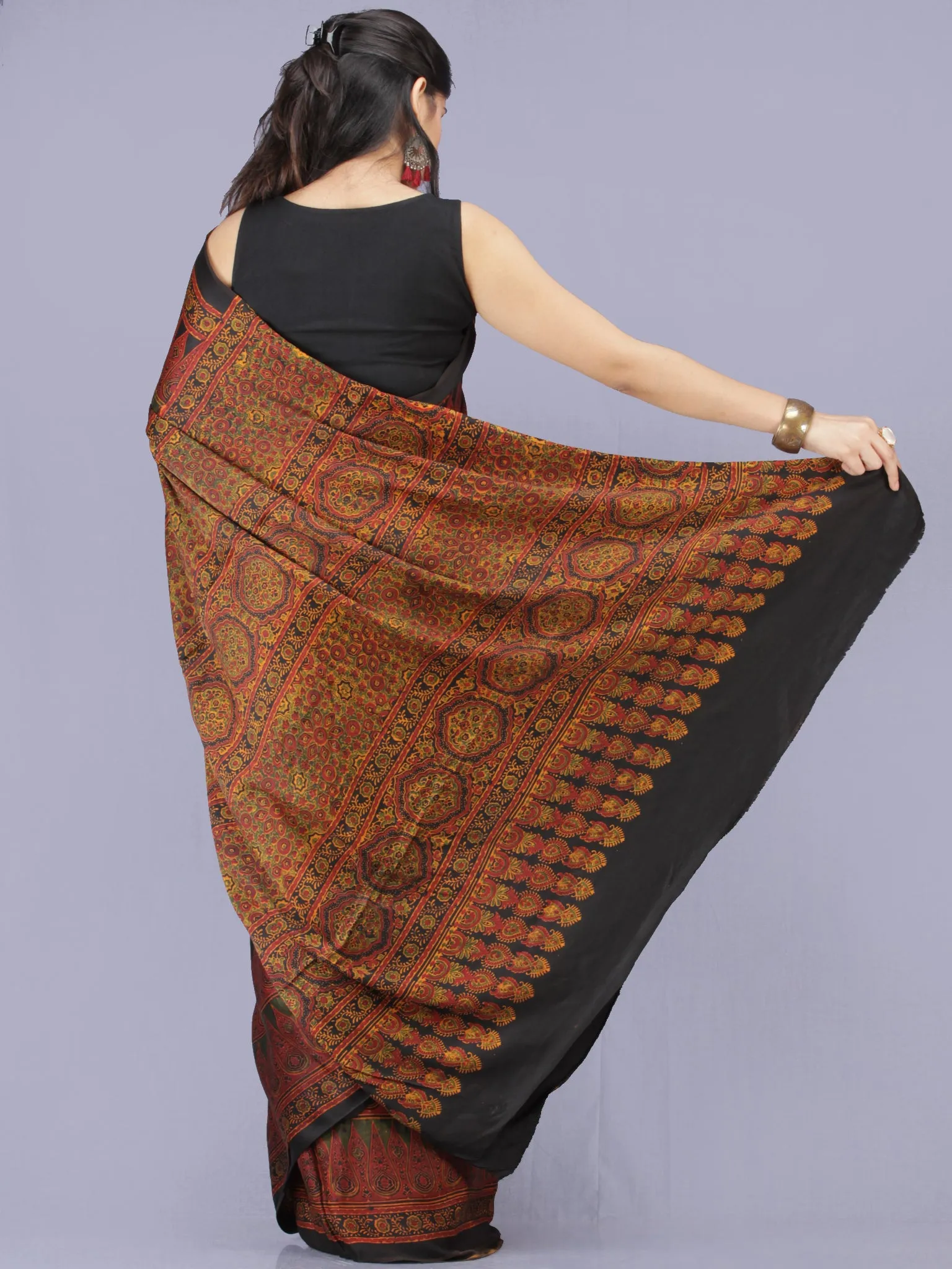 Maroon Black Green Ajrakh Hand Block Printed Modal Silk Saree - S031704197