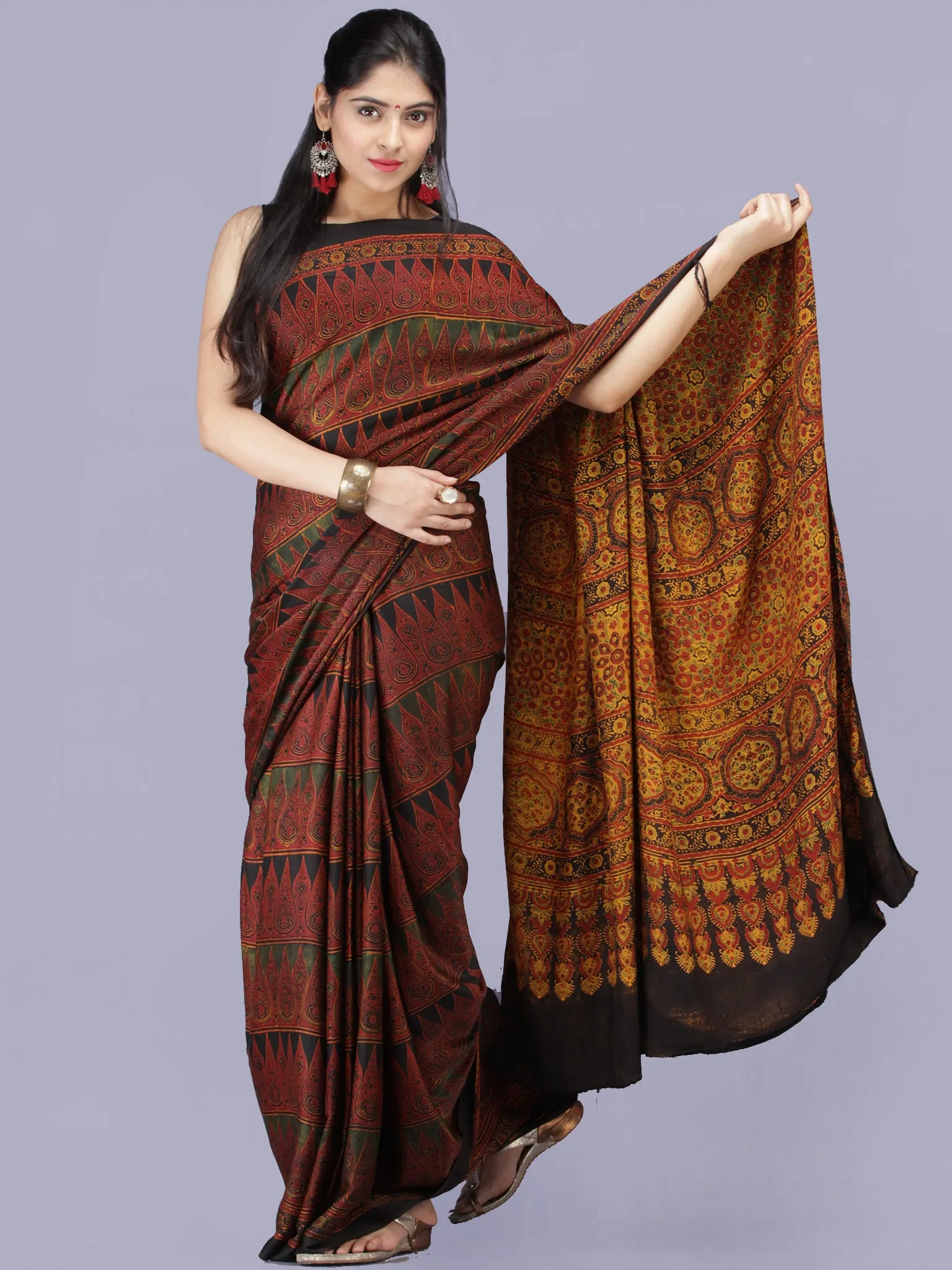 Maroon Black Green Ajrakh Hand Block Printed Modal Silk Saree - S031704197