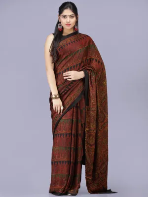 Maroon Black Green Ajrakh Hand Block Printed Modal Silk Saree - S031704197