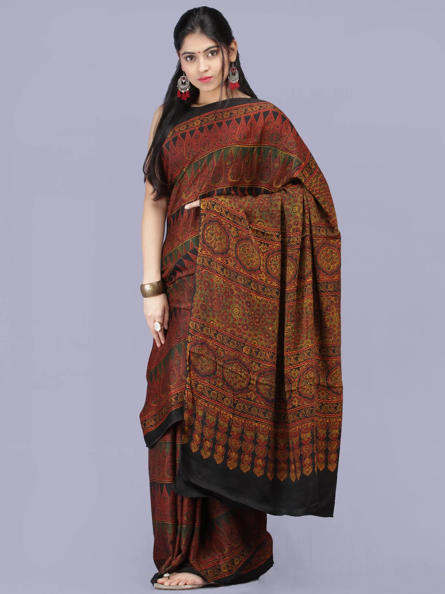 Maroon Black Green Ajrakh Hand Block Printed Modal Silk Saree - S031704197