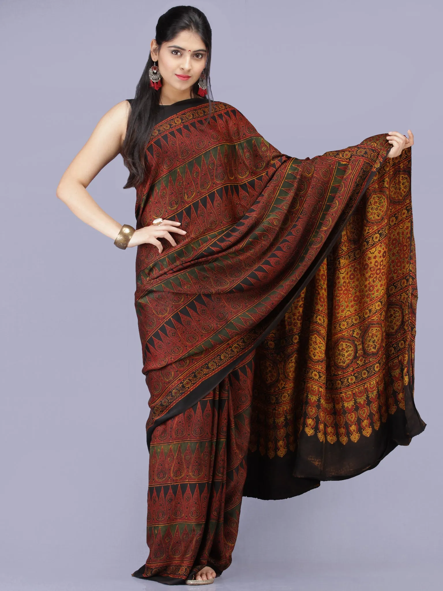 Maroon Black Green Ajrakh Hand Block Printed Modal Silk Saree - S031704197