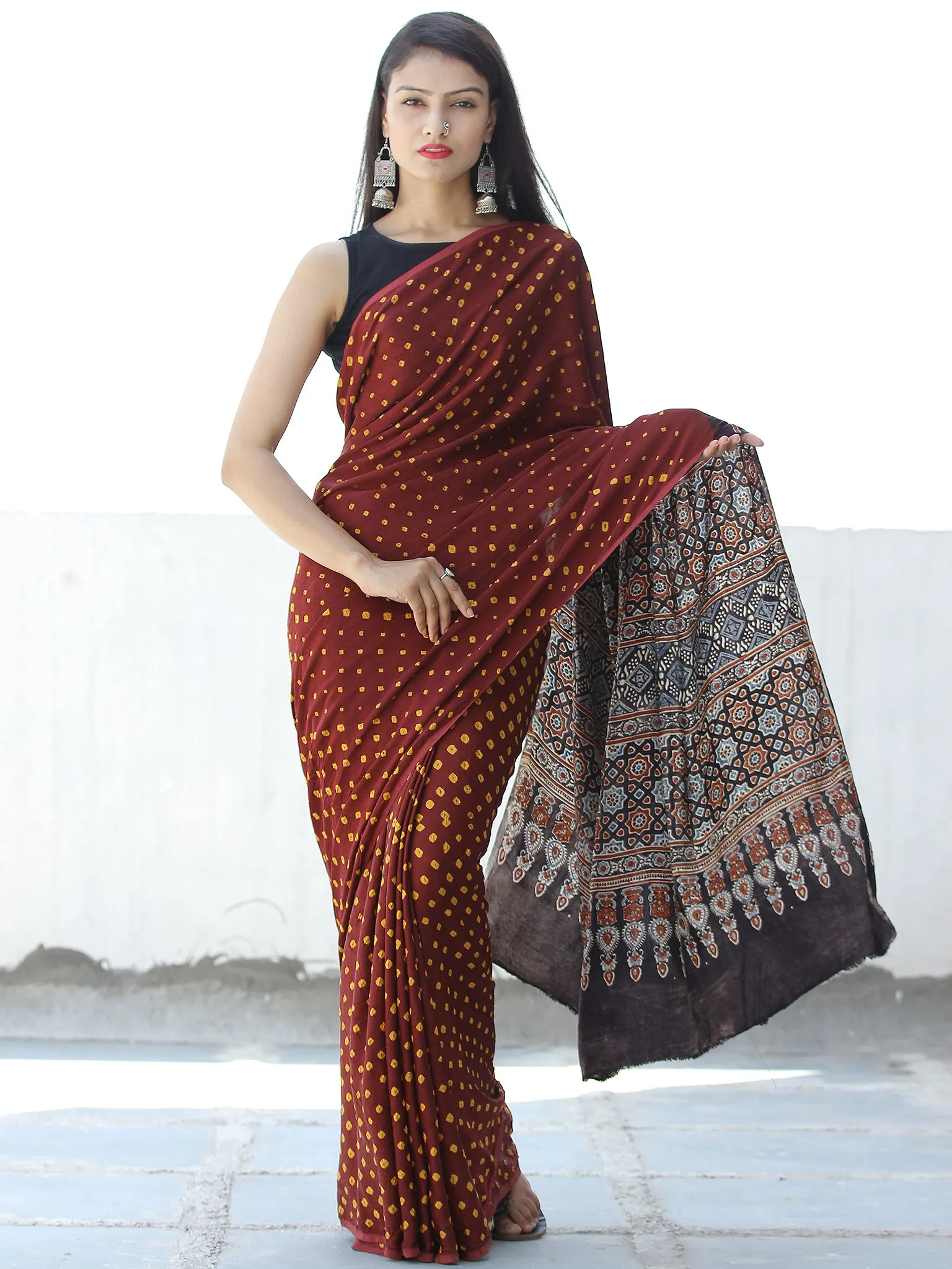 Maroon Yellow Black Bandhej Modal Silk Saree With Ajrakh Printed Pallu & Blouse - S031703871