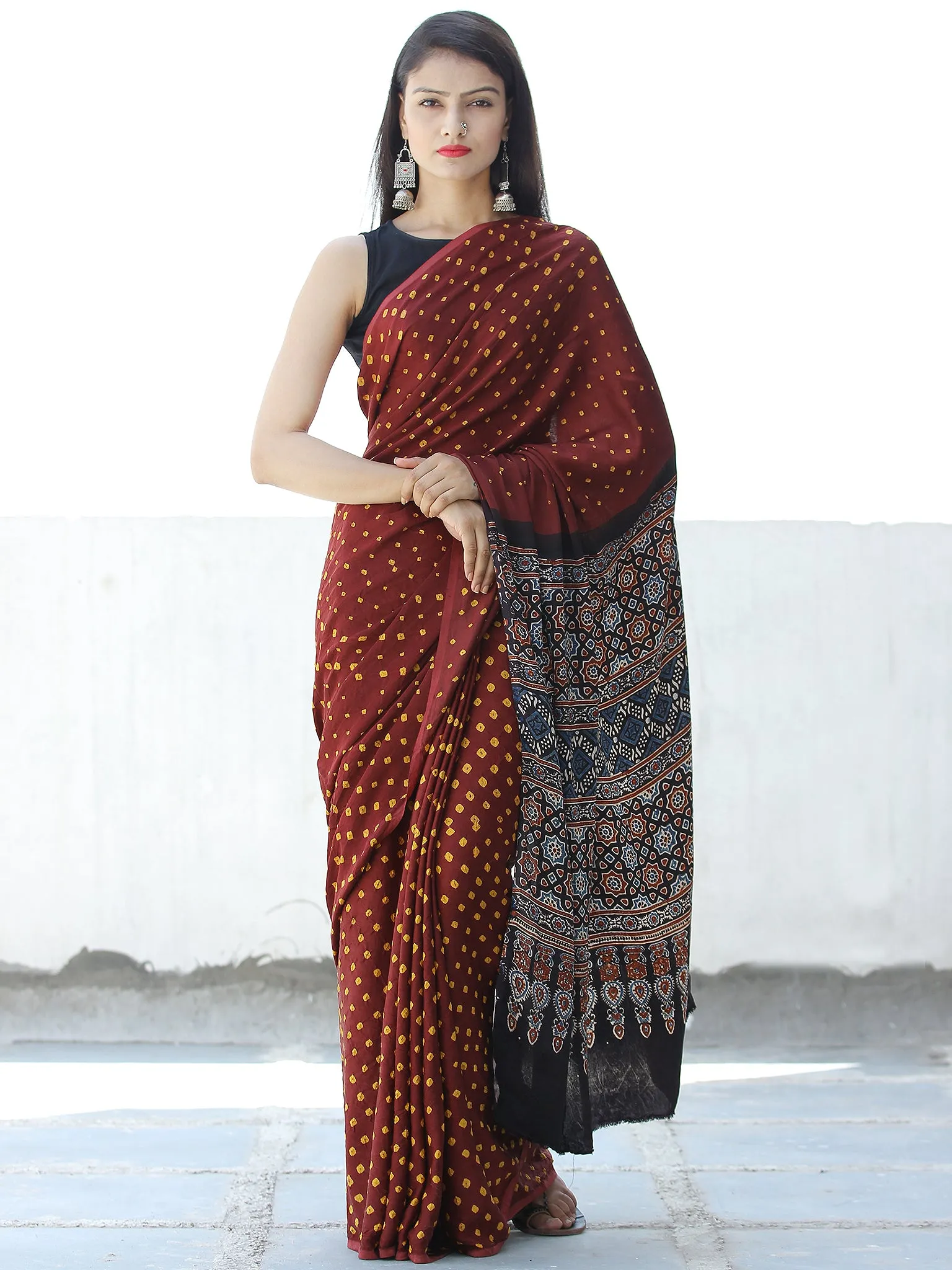 Maroon Yellow Black Bandhej Modal Silk Saree With Ajrakh Printed Pallu & Blouse - S031703871