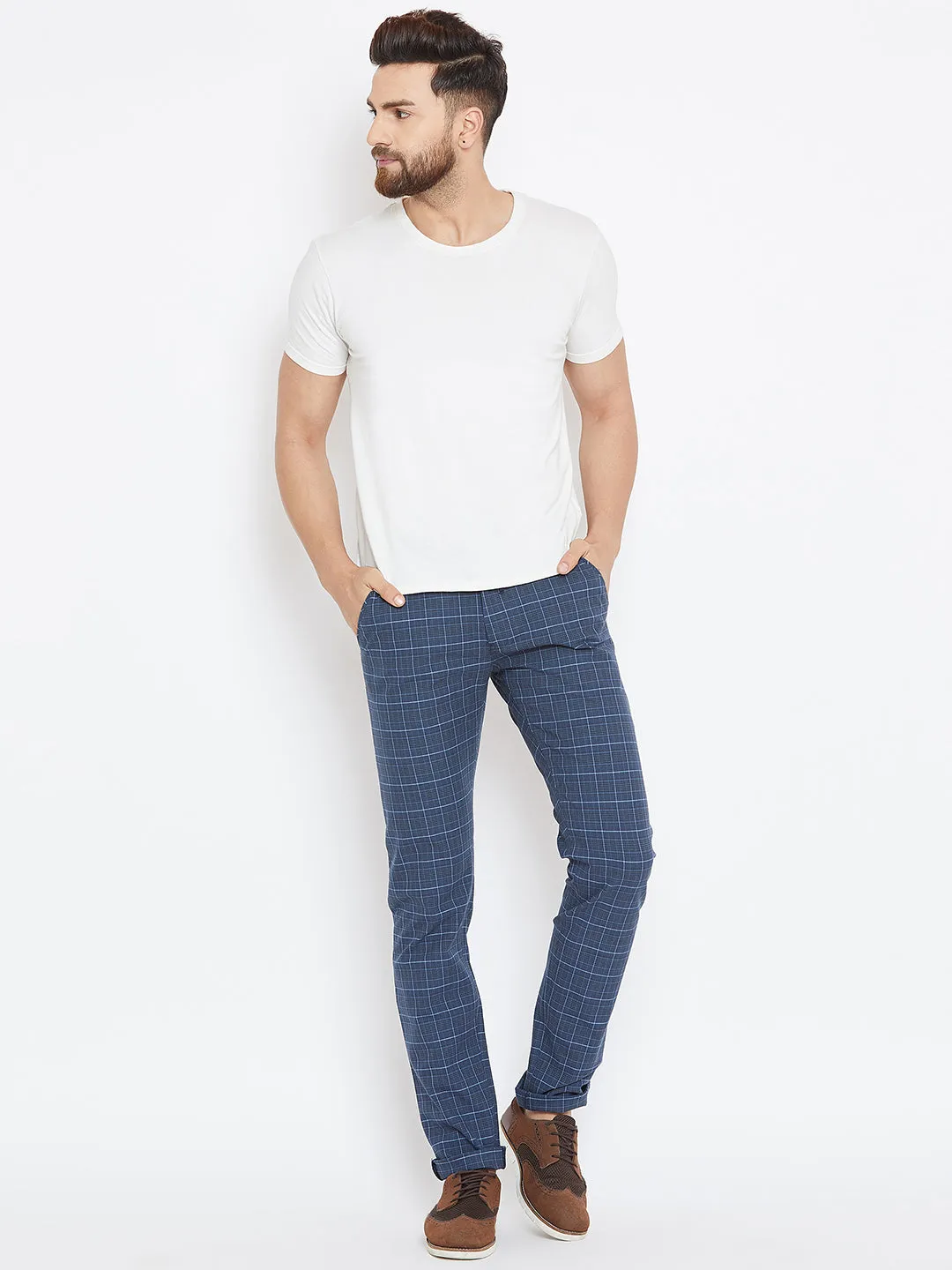 Men Blue Relaxed Fit Casual Checked Chinos