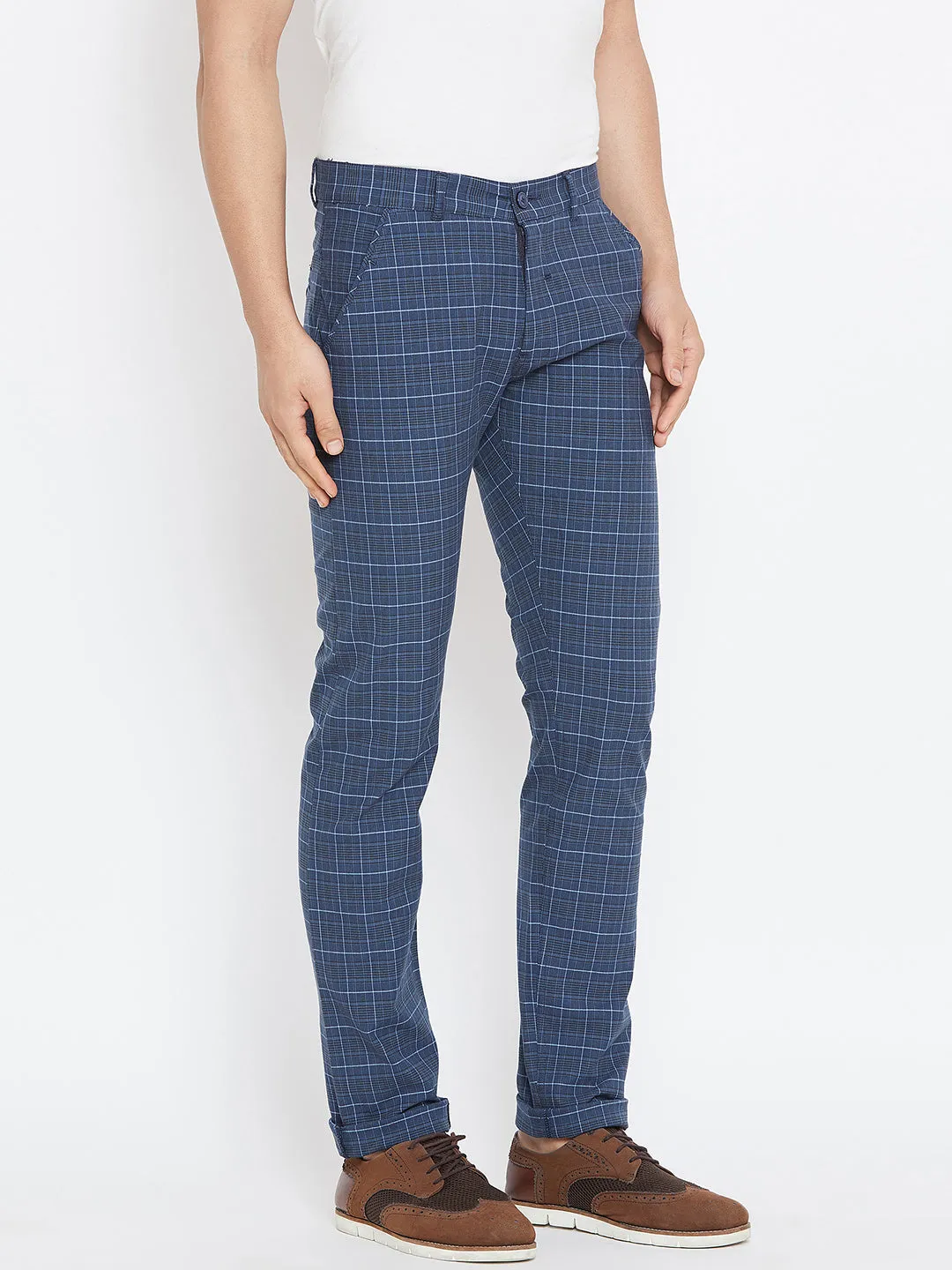 Men Blue Relaxed Fit Casual Checked Chinos