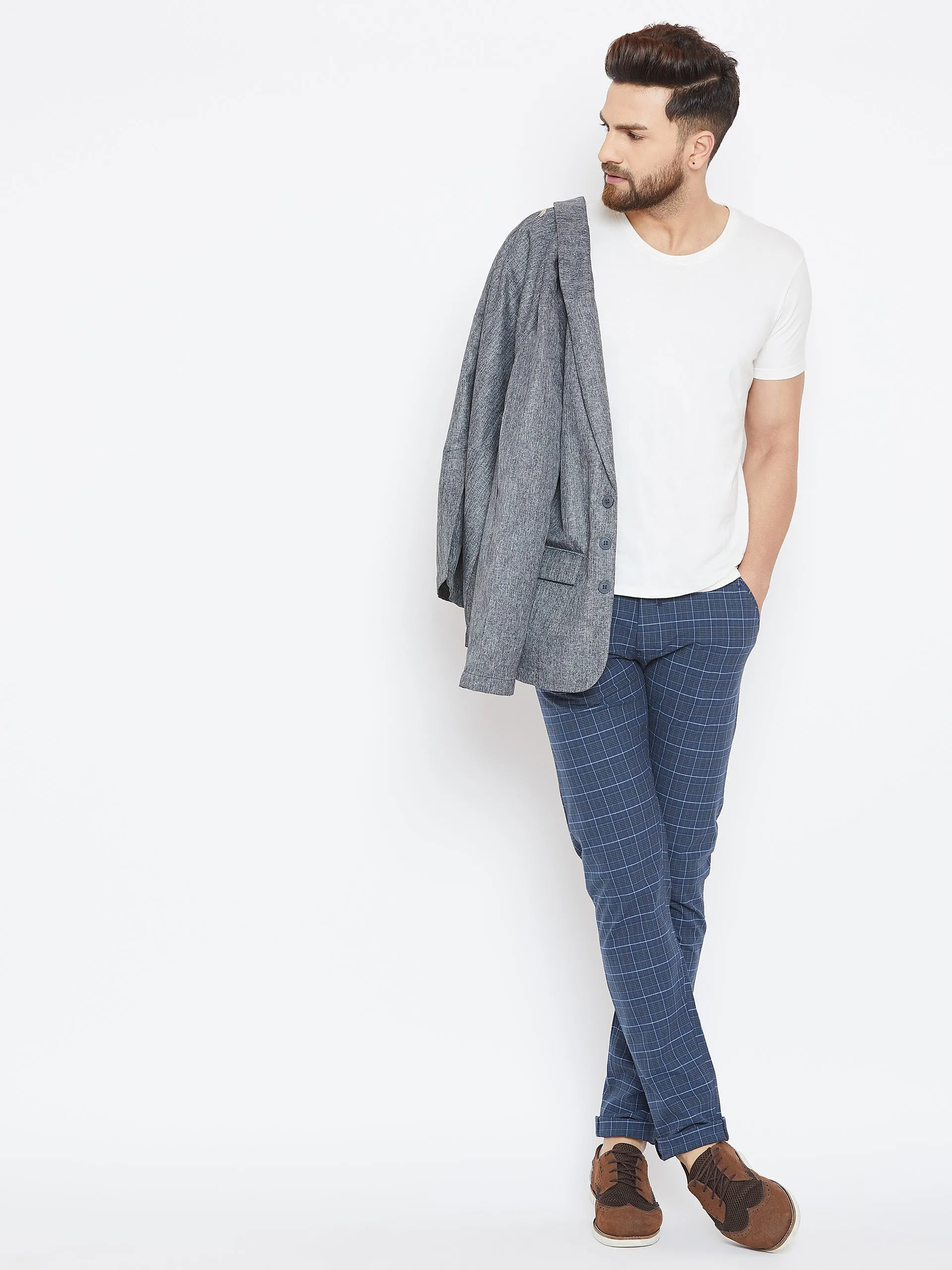 Men Blue Relaxed Fit Casual Checked Chinos