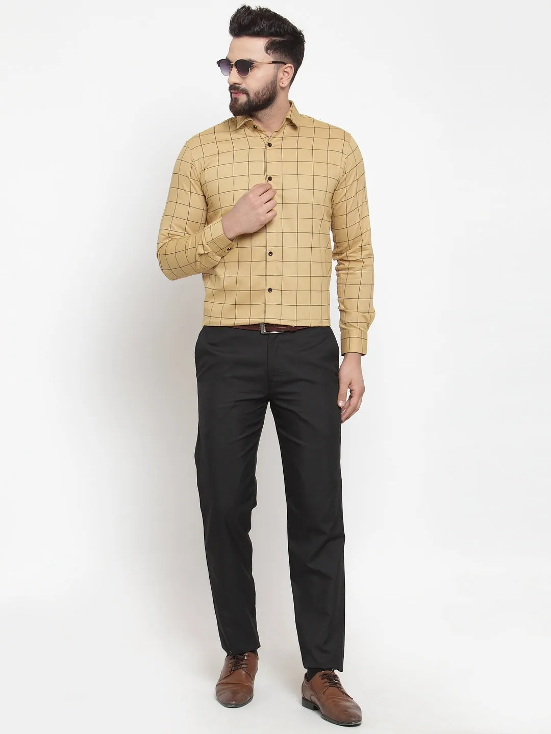 Men's Beige Cotton Checked Formal Shirts ( SF 742Rust ) - Jainish