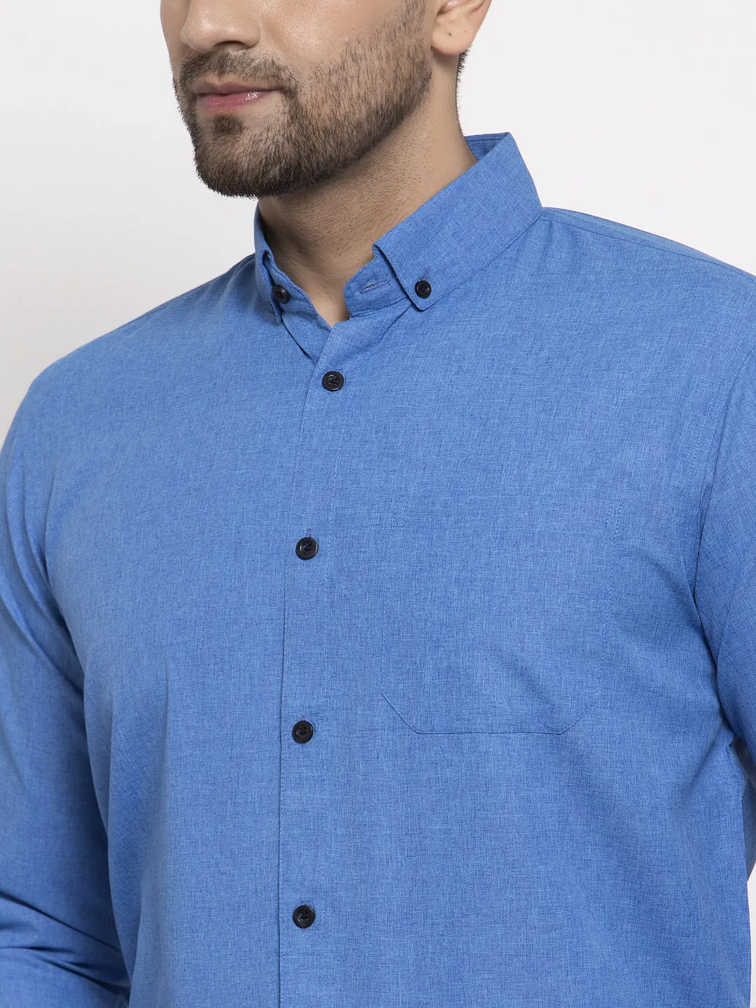 Men's Blue Cotton Solid Button Down Formal Shirts ( SF 734Blue ) - Jainish