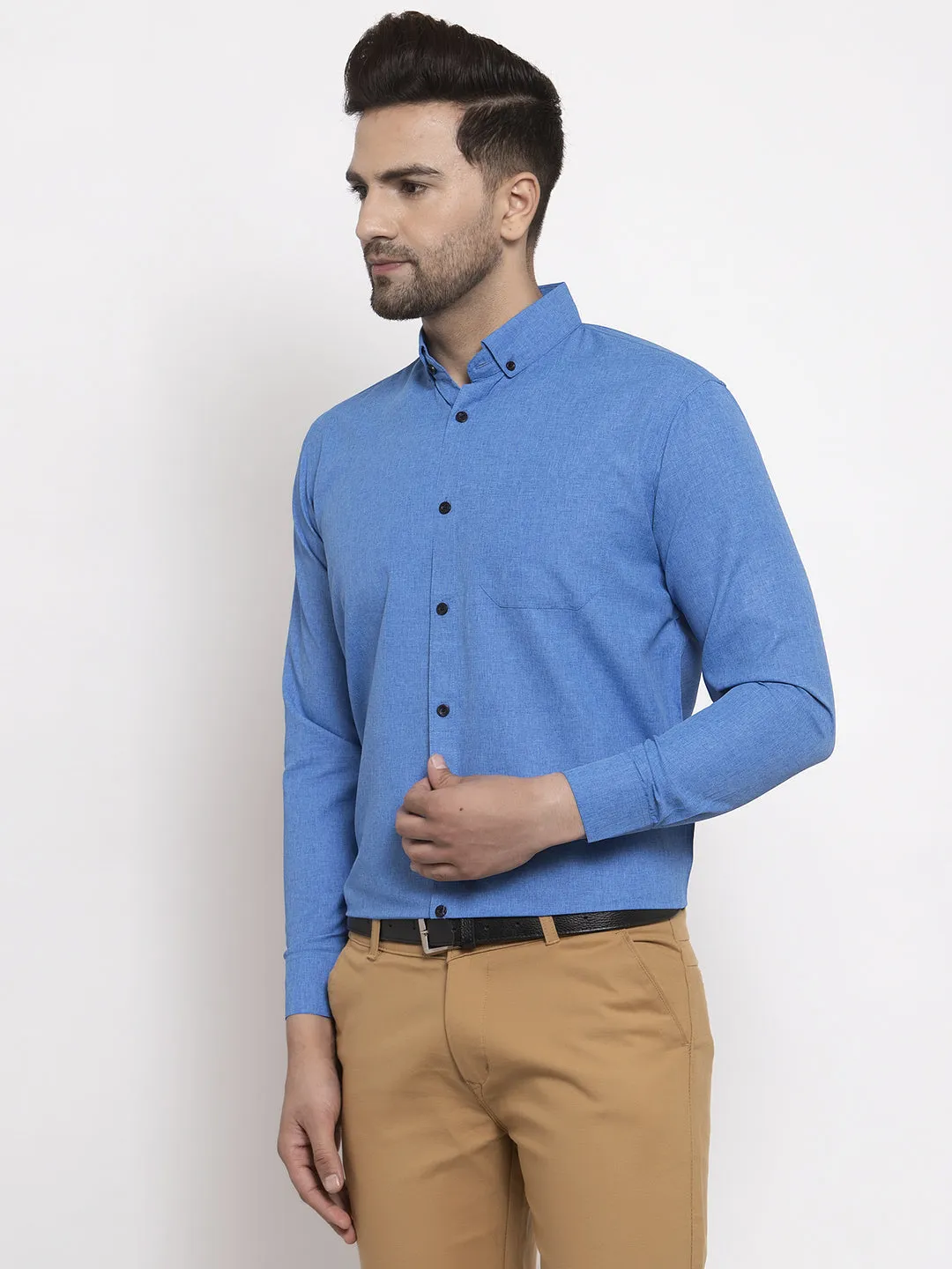 Men's Blue Cotton Solid Button Down Formal Shirts ( SF 734Blue ) - Jainish