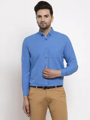 Men's Blue Cotton Solid Button Down Formal Shirts ( SF 734Blue ) - Jainish