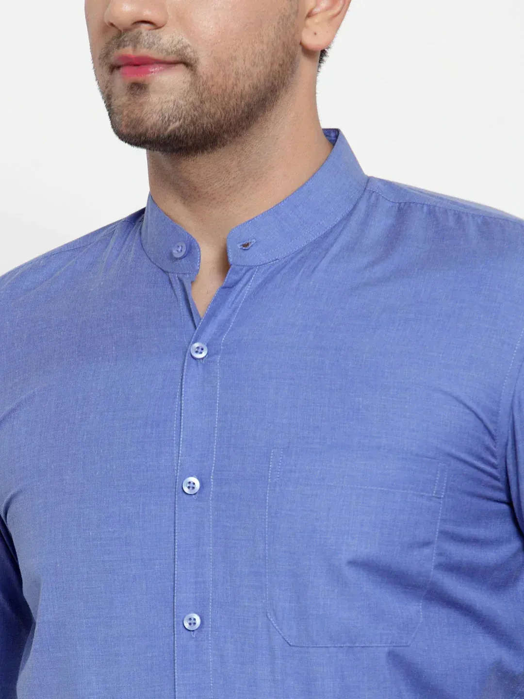 Men's Blue Cotton Solid Mandarin Collar Formal Shirts - Taantav