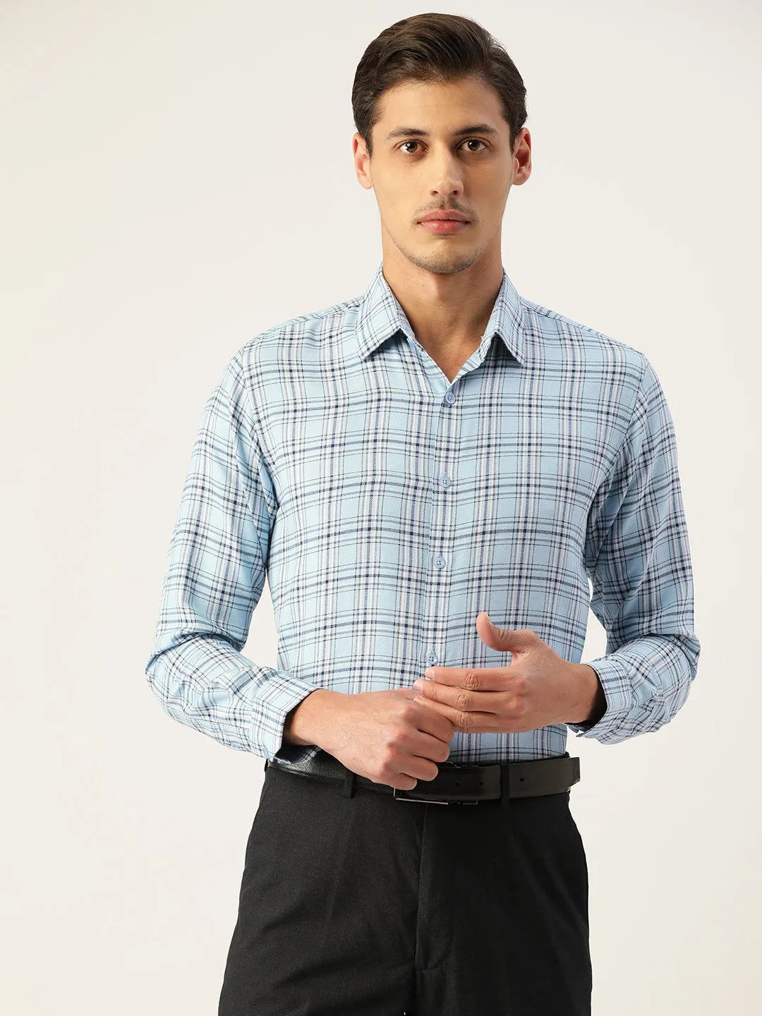 Men's Cotton Checked Formal Shirts ( SF 791Sky ) - Jainish