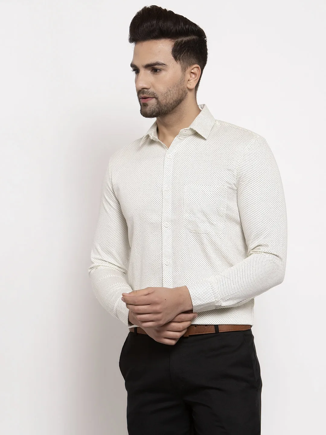 Men's Cream Cotton Polka Dots Formal Shirts ( SF 736Cream ) - Jainish