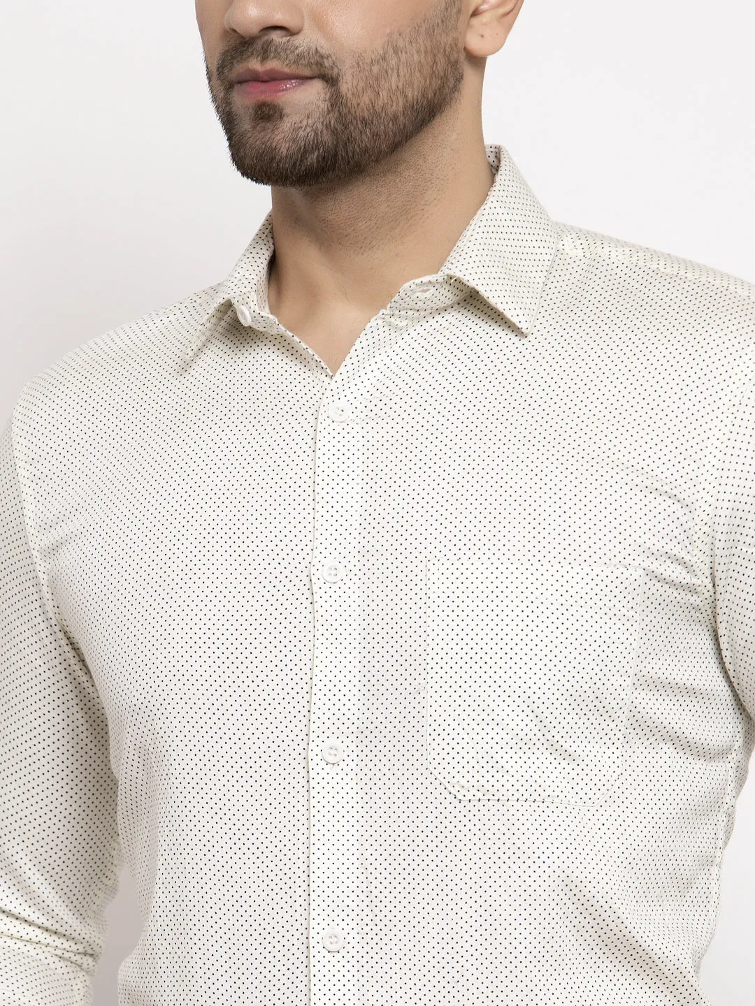 Men's Cream Cotton Polka Dots Formal Shirts ( SF 736Cream ) - Jainish