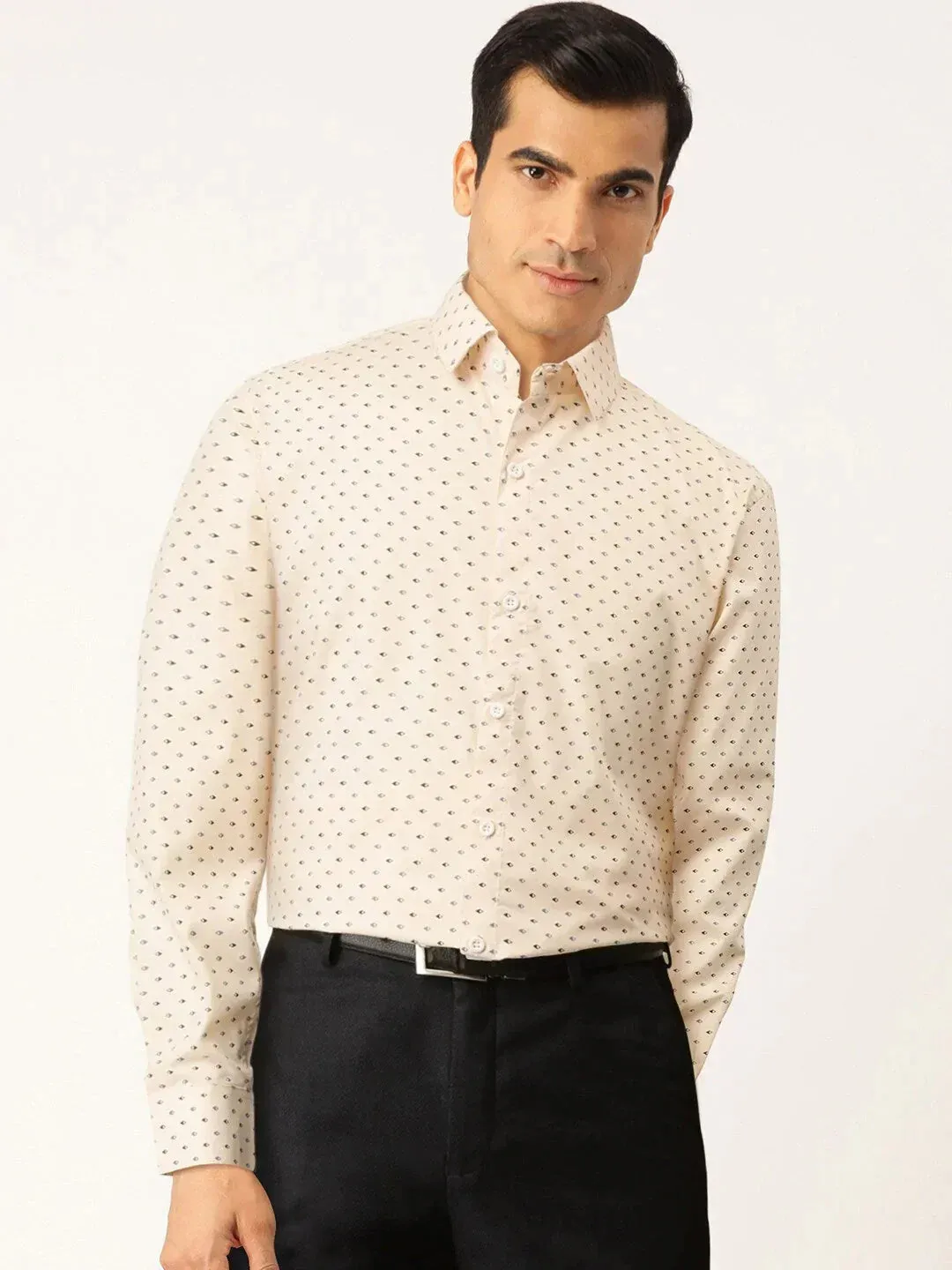 Men's Cream Cotton Printed Formal Shirts - Taantav