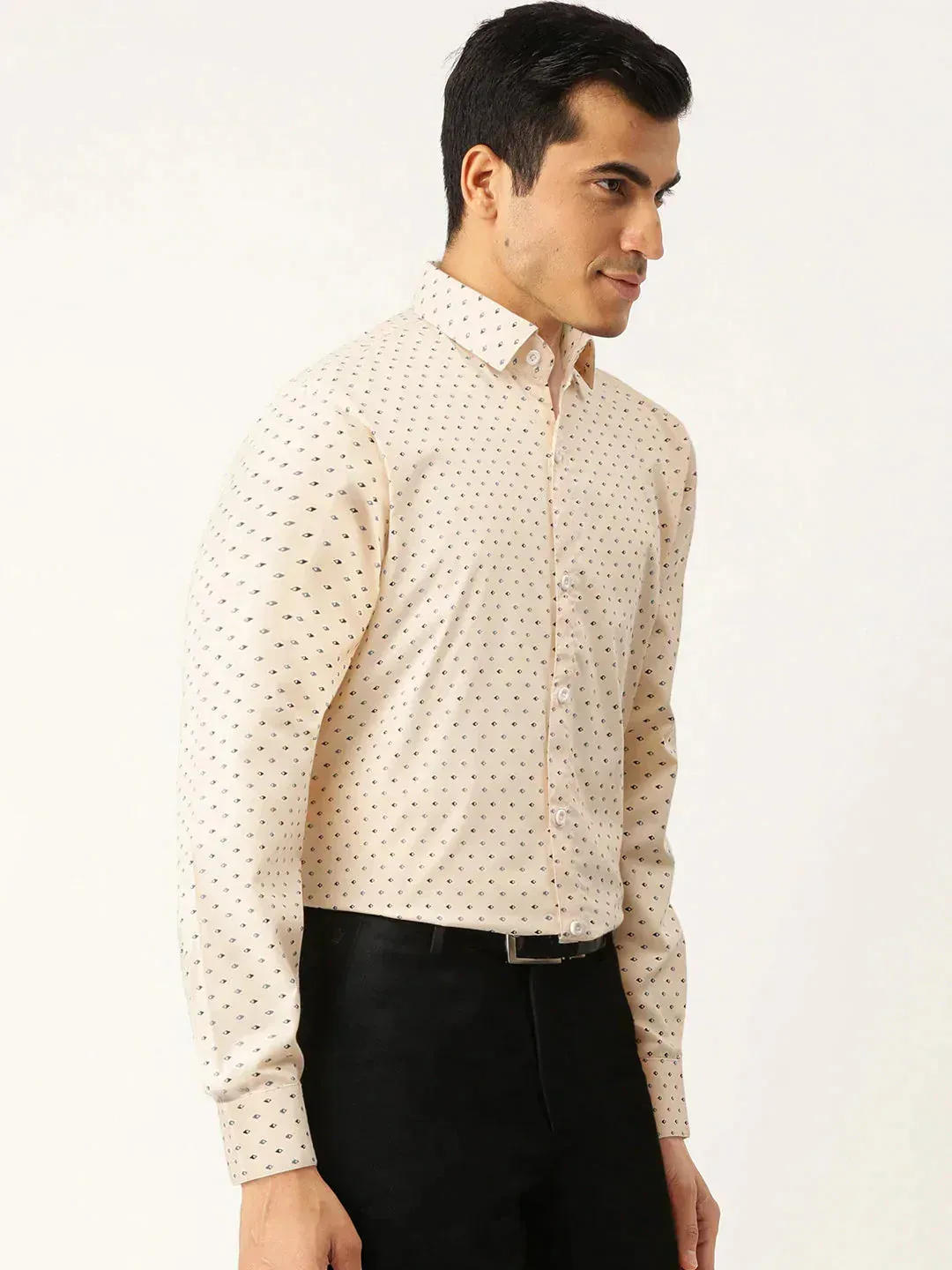 Men's Cream Cotton Printed Formal Shirts - Taantav