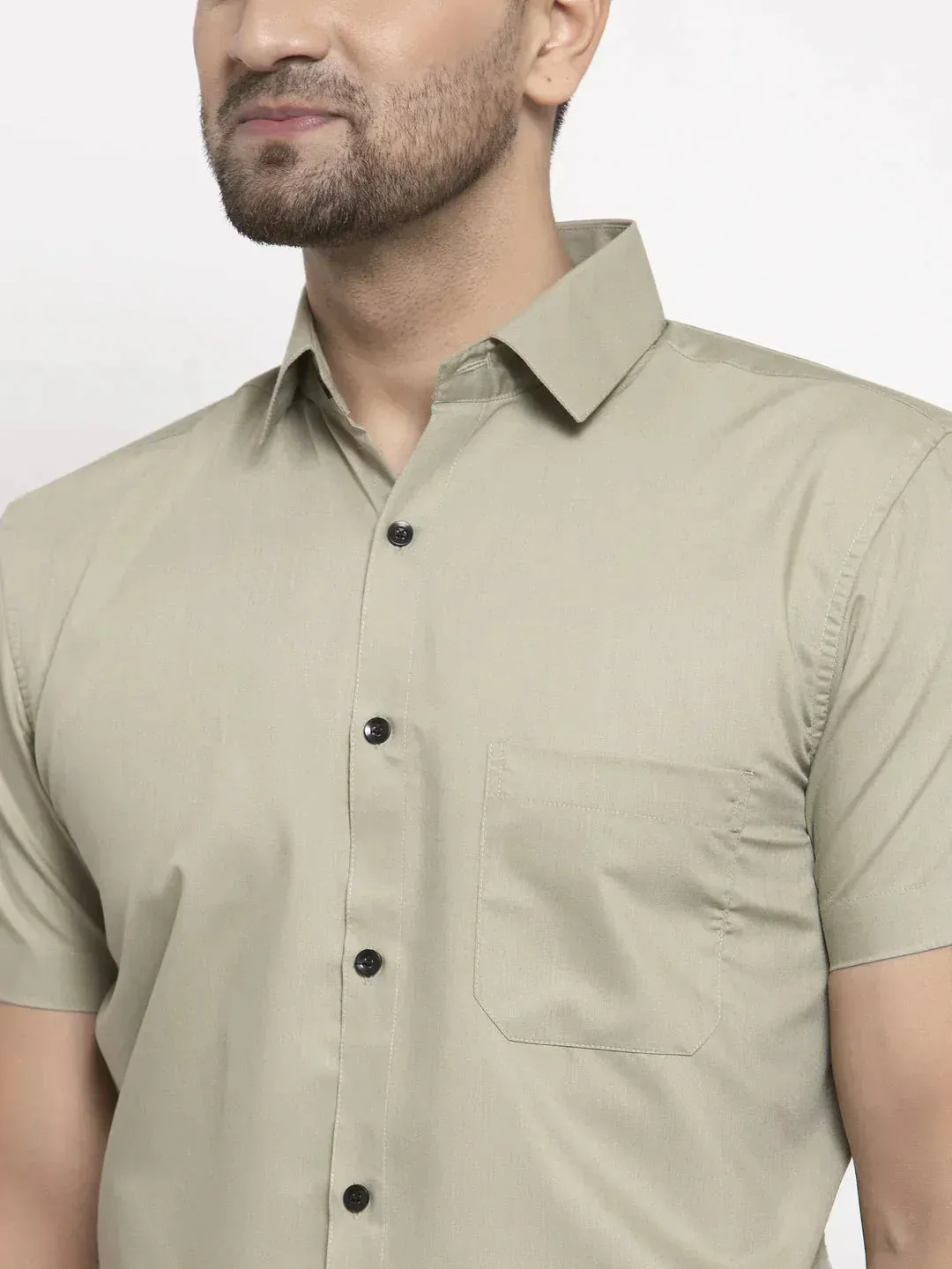 Men's Green Cotton Half Sleeves Solid Formal Shirts - Taantav