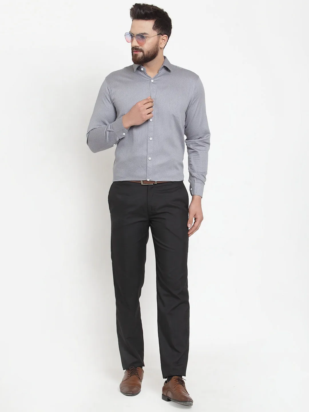 Men's Grey Cotton Polka Dots Formal Shirts ( SF 736Grey ) - Jainish