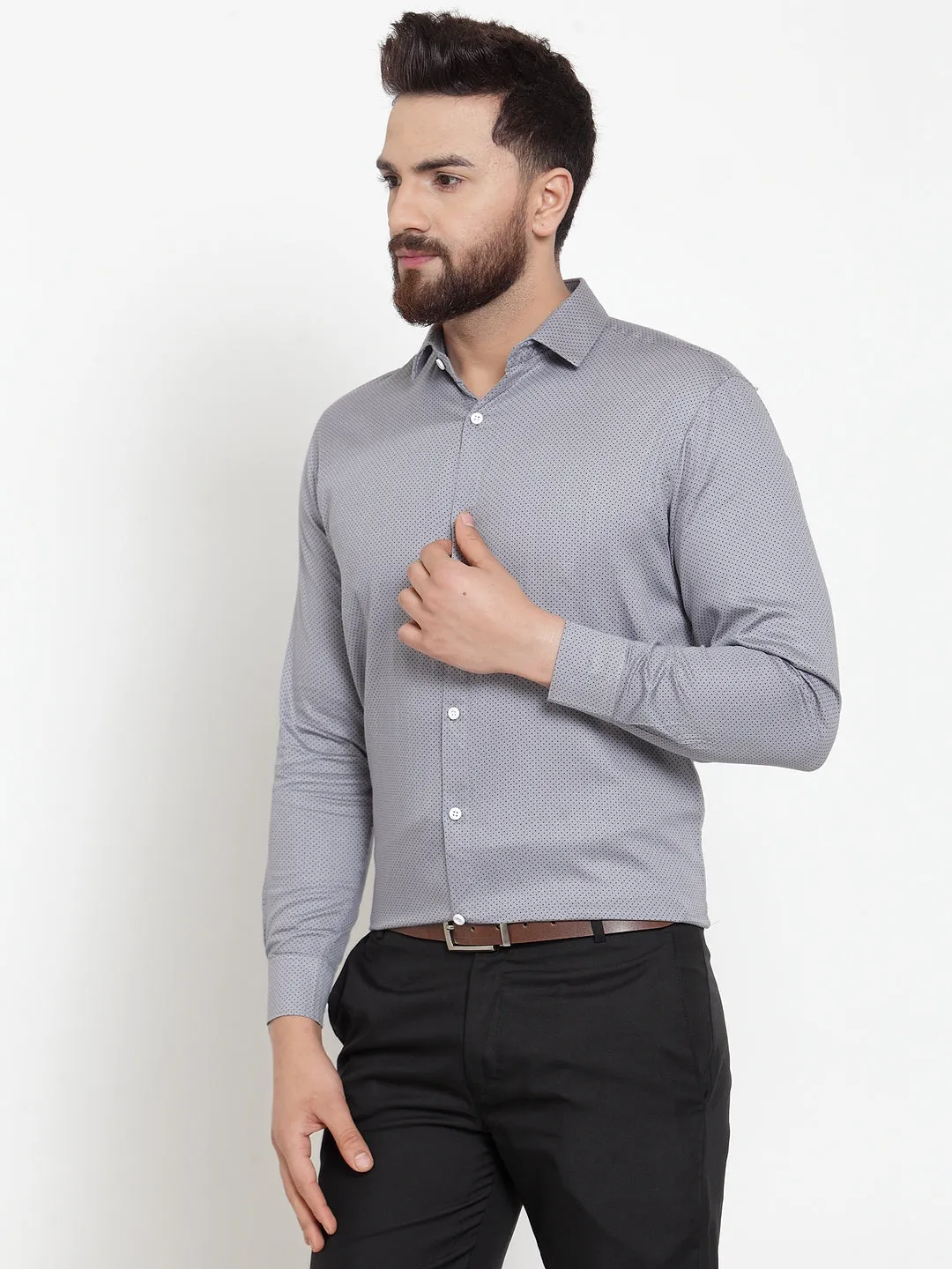 Men's Grey Cotton Polka Dots Formal Shirts ( SF 736Grey ) - Jainish