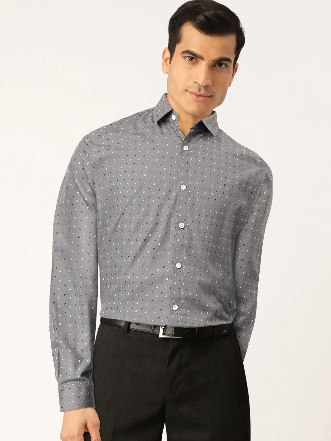 Men's Grey Cotton Printed Formal Shirts ( SF 716Grey ) - Jainish