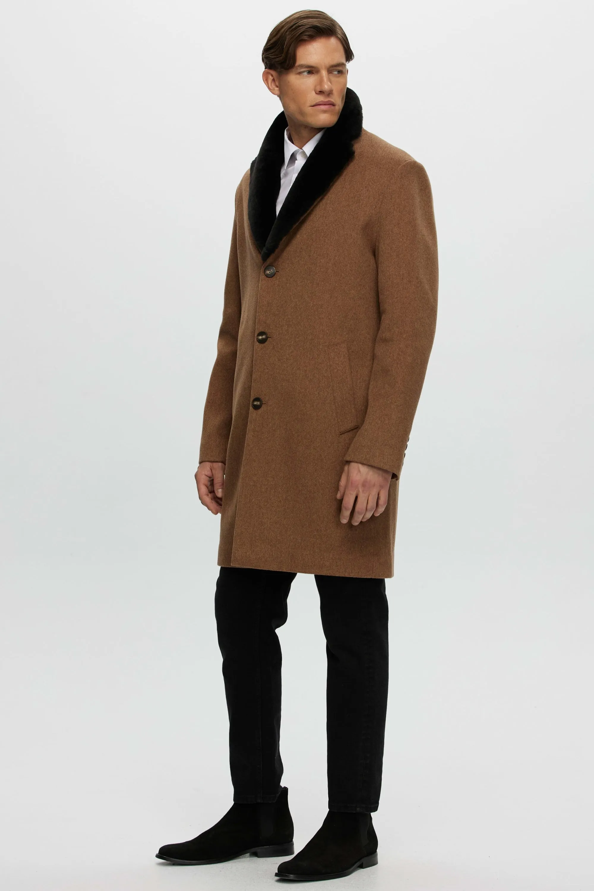 Men's Loro Piana Wool Short Coat with Select Shearling Lamb Collar