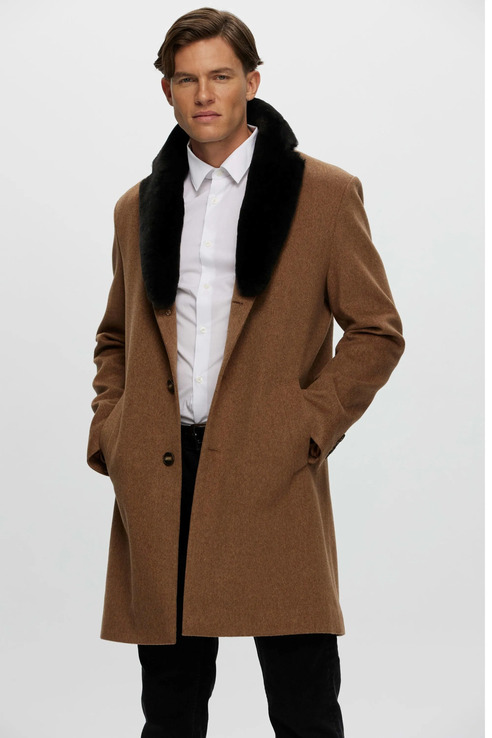 Men's Loro Piana Wool Short Coat with Select Shearling Lamb Collar