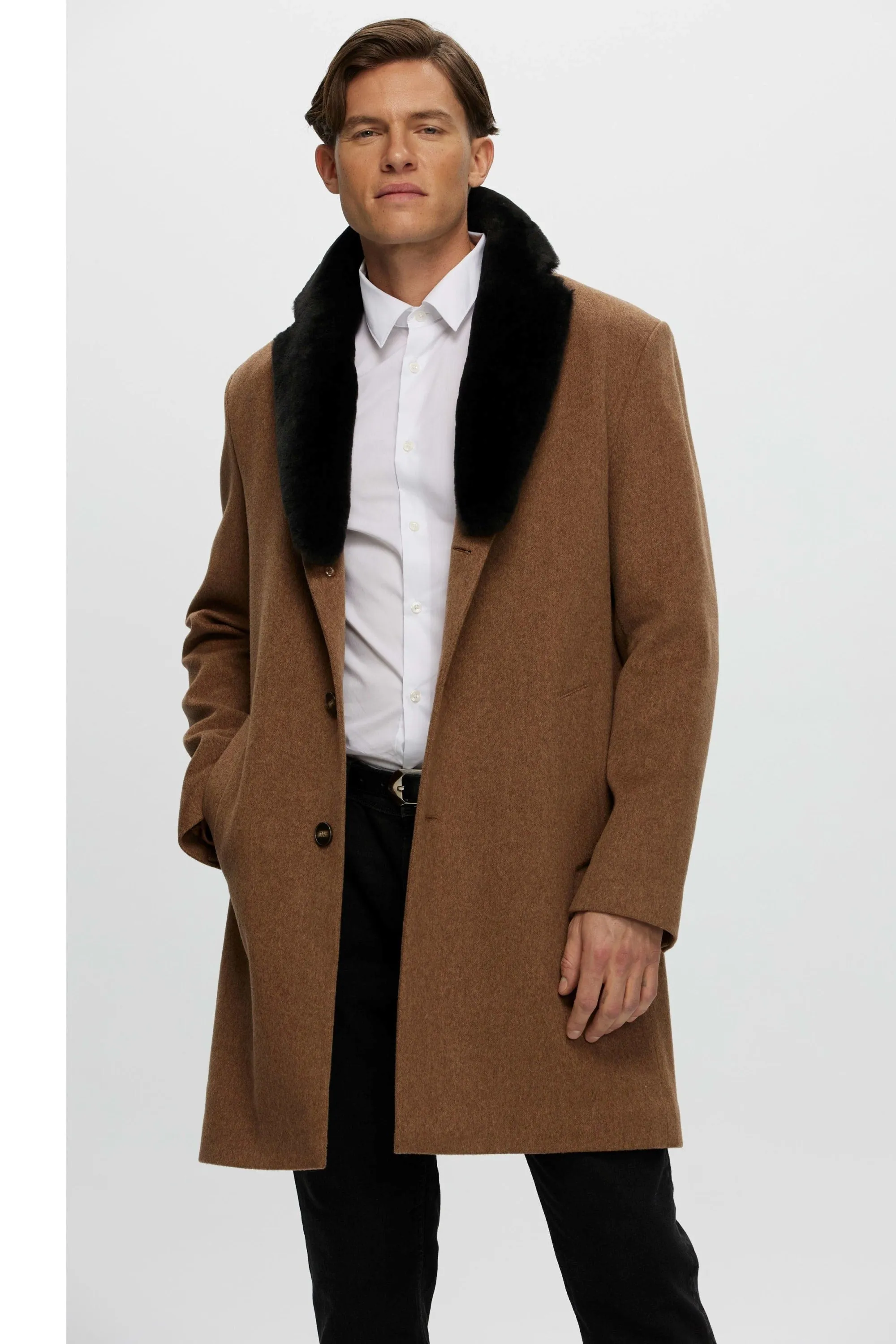 Men's Loro Piana Wool Short Coat with Select Shearling Lamb Collar