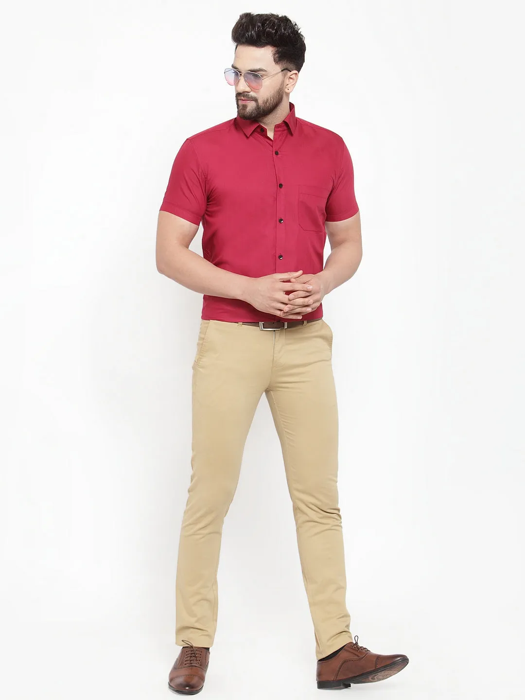 Men's Maroon Cotton Half Sleeves Solid Formal Shirts ( SF 754Mehroon ) - Jainish