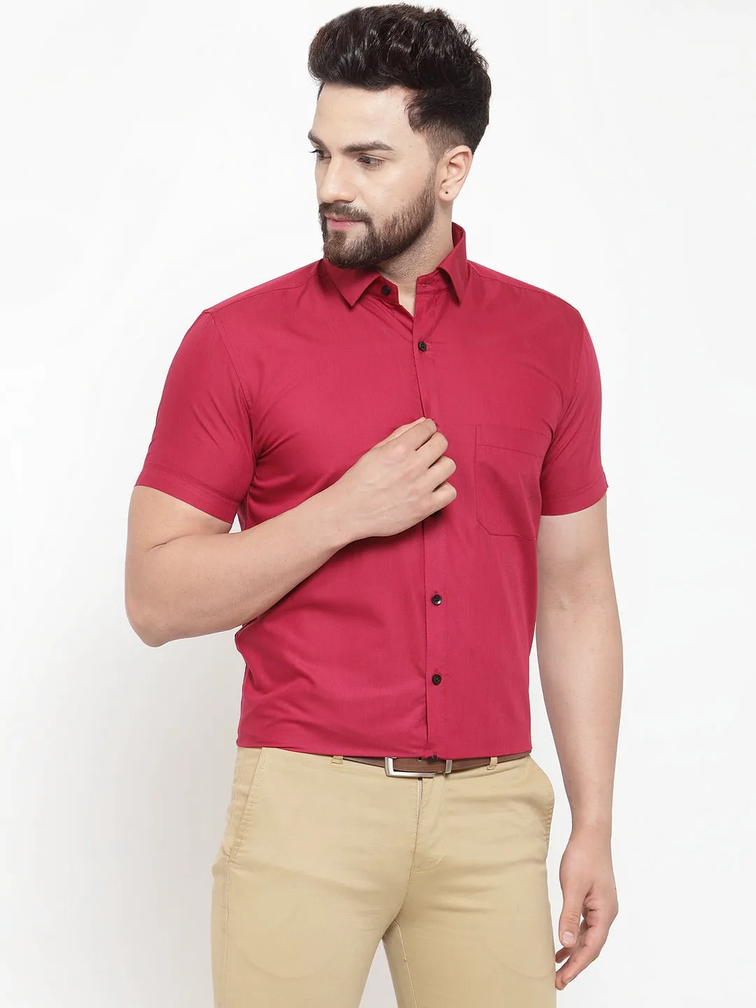 Men's Maroon Cotton Half Sleeves Solid Formal Shirts ( SF 754Mehroon ) - Jainish