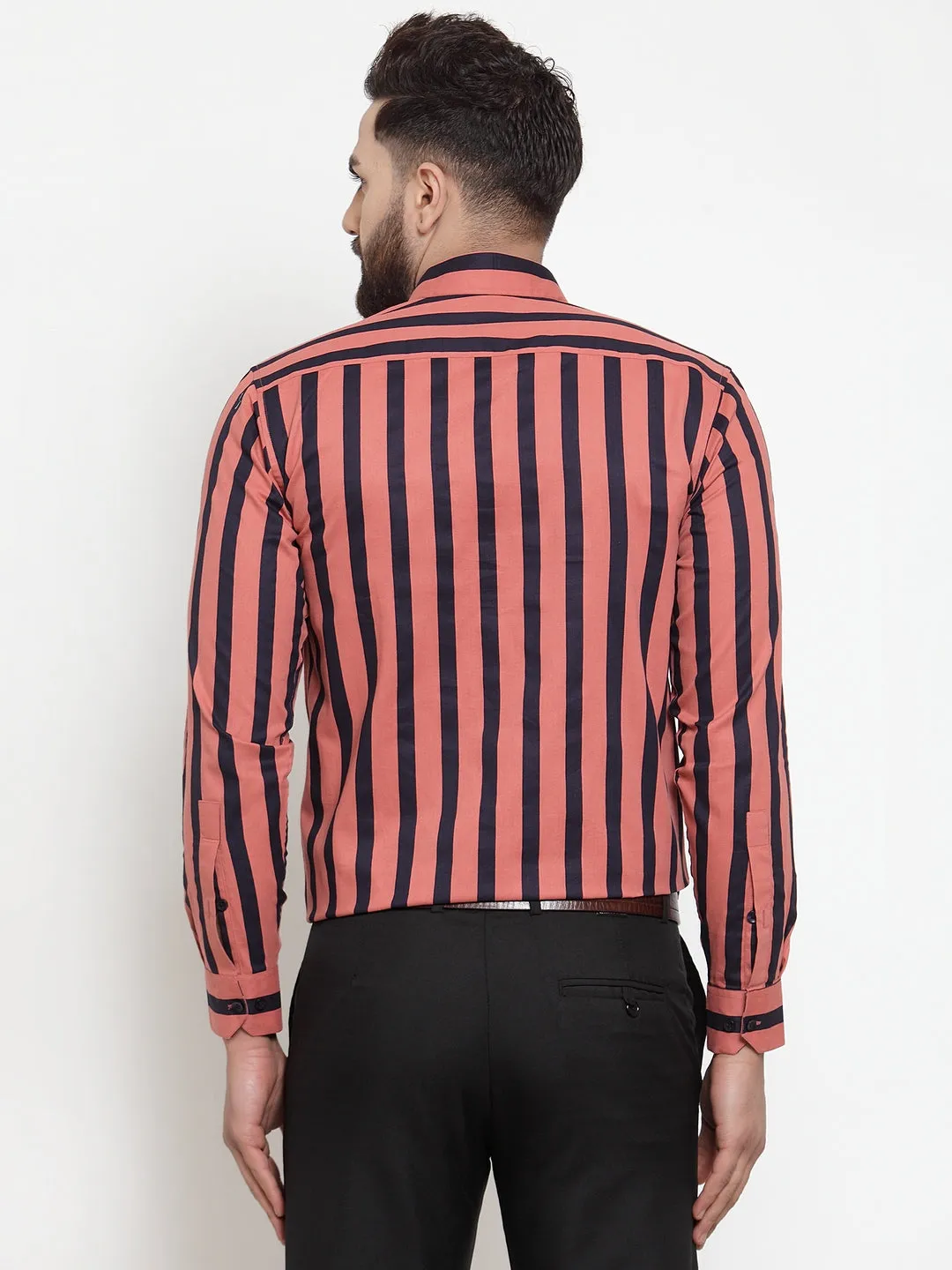 Men's Red Cotton Striped Formal Shirts ( SF 744Coral ) - Jainish