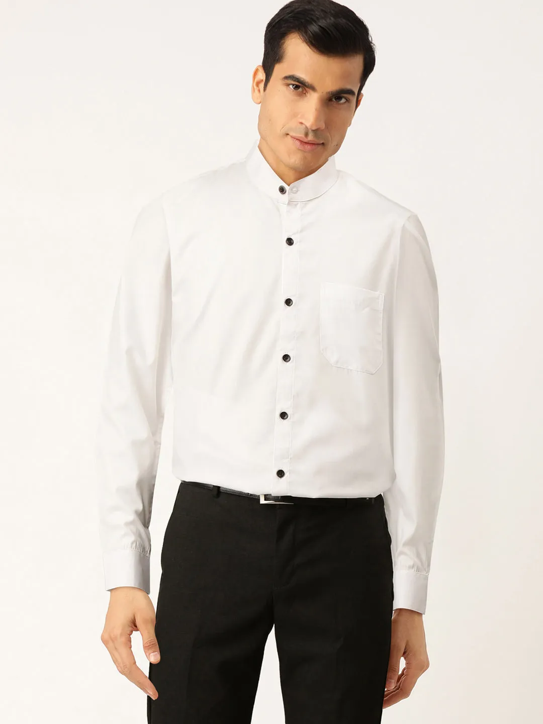 Men's White Cotton Solid Mandarin Collar Formal Shirts ( SF 726White ) - Jainish