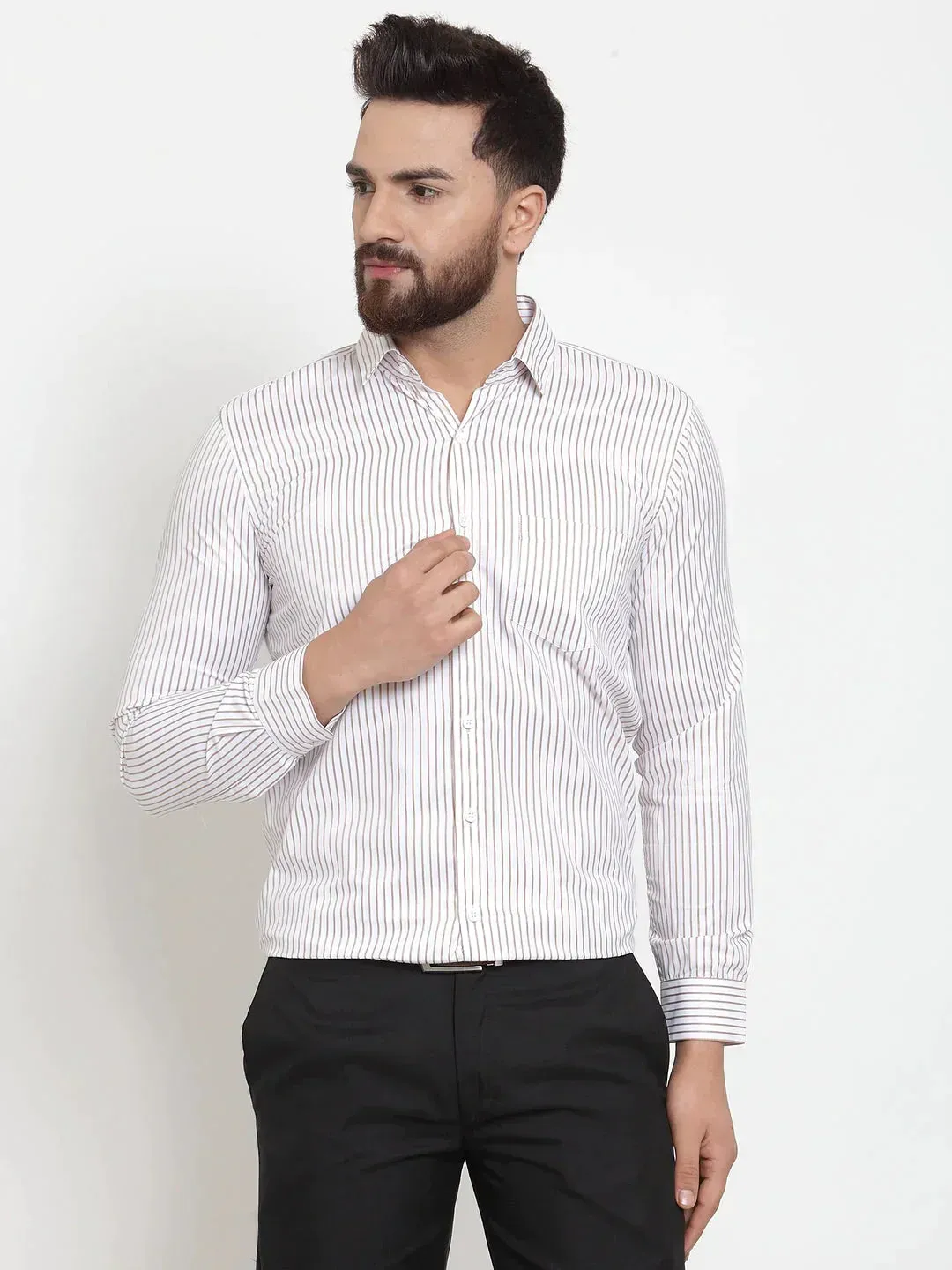 Men's White Cotton Stiped Formal Shirts - Taantav