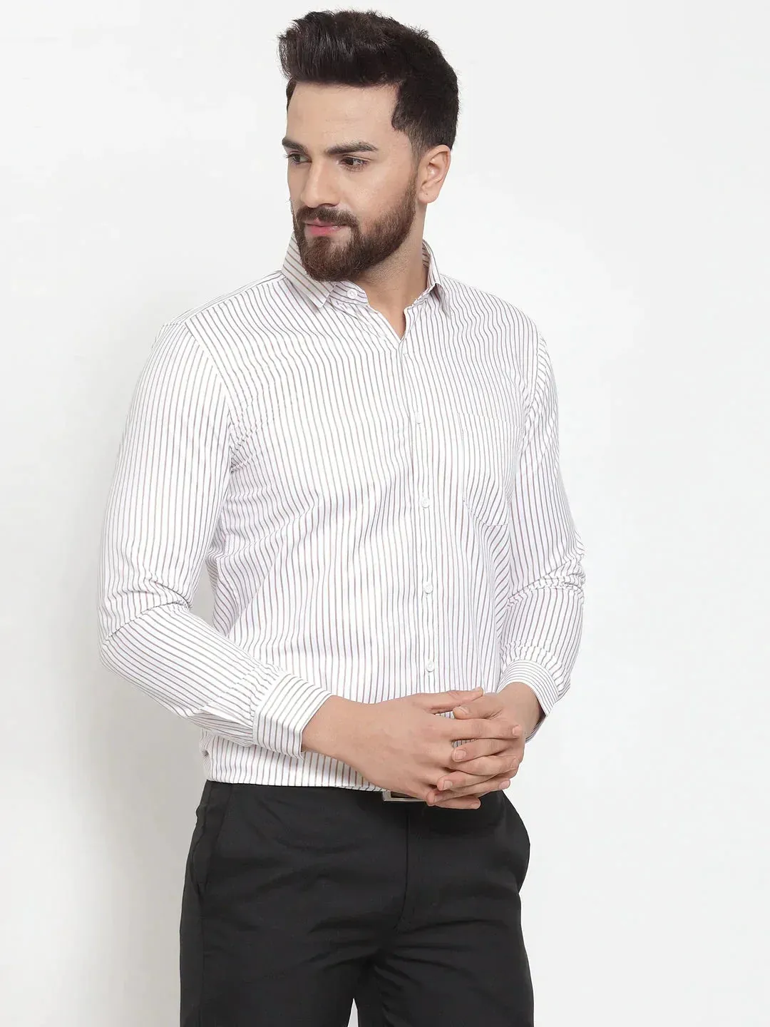 Men's White Cotton Stiped Formal Shirts - Taantav