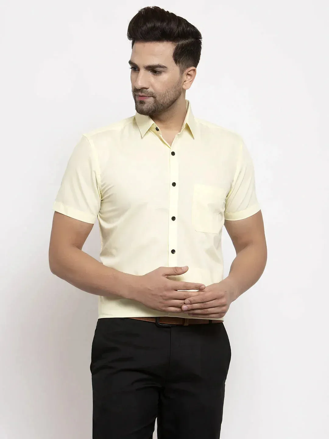 Men's Yellow Cotton Half Sleeves Solid Formal Shirts - Taantav