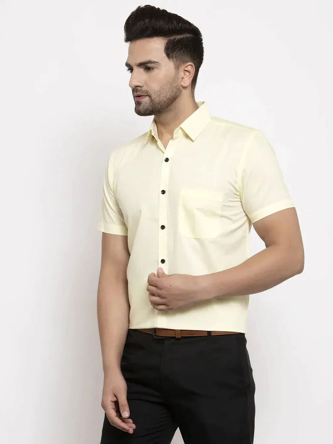 Men's Yellow Cotton Half Sleeves Solid Formal Shirts - Taantav