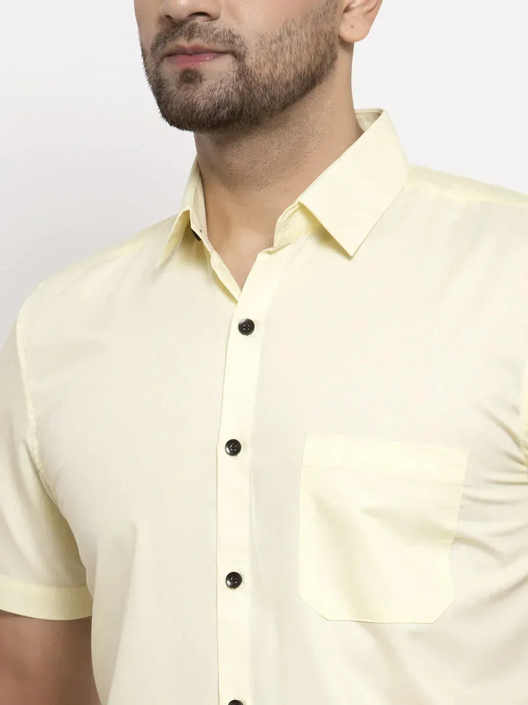 Men's Yellow Cotton Half Sleeves Solid Formal Shirts - Taantav