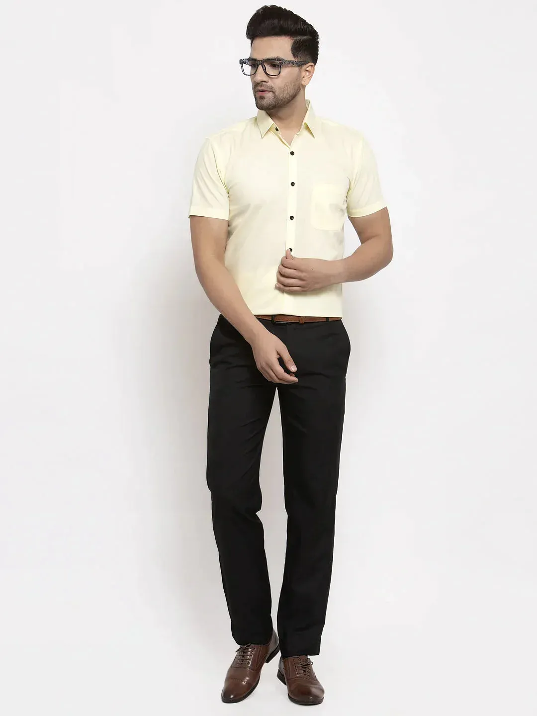 Men's Yellow Cotton Half Sleeves Solid Formal Shirts - Taantav