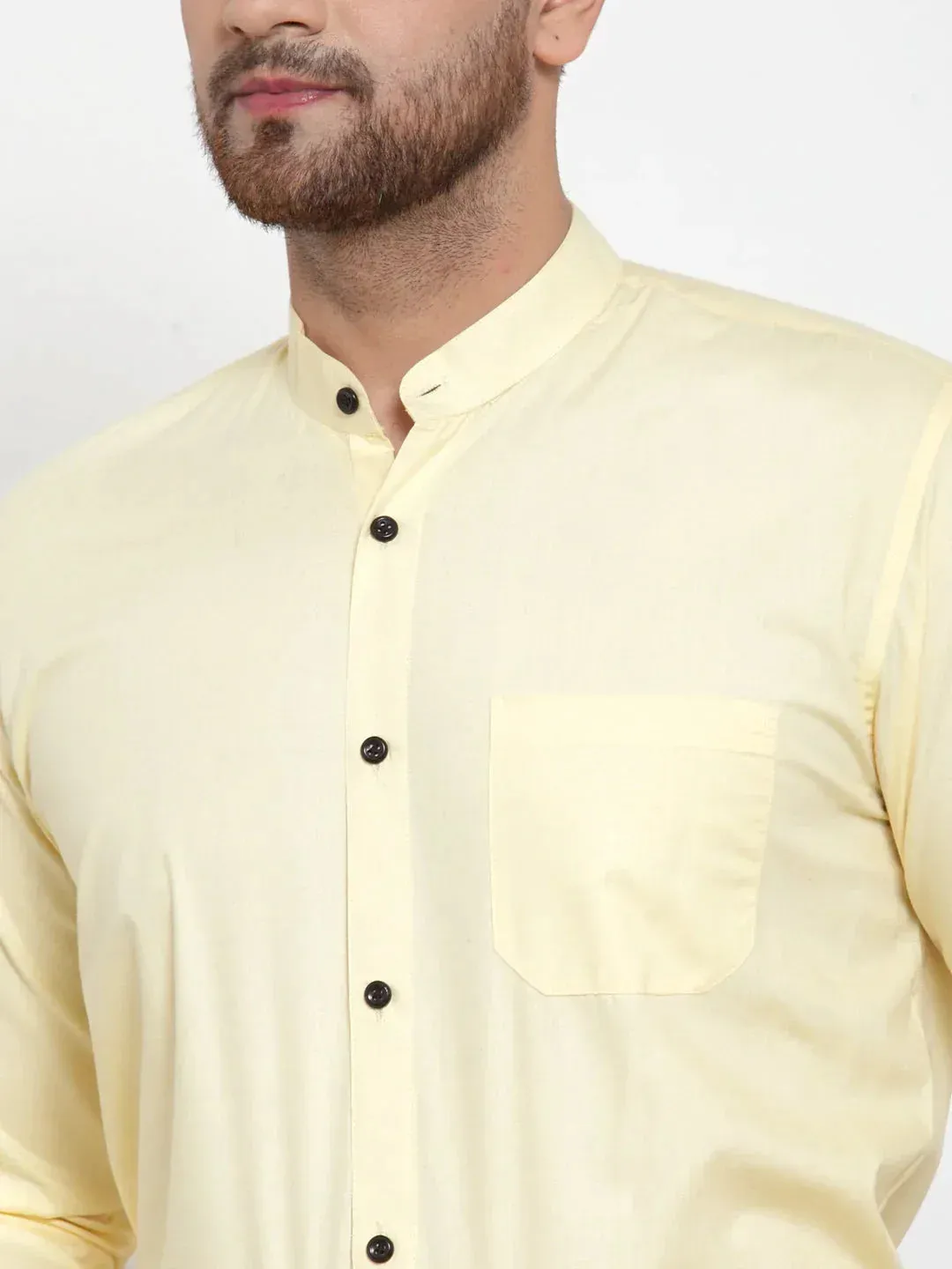 Men's Yellow Cotton Solid Mandarin Collar Formal Shirts - Taantav