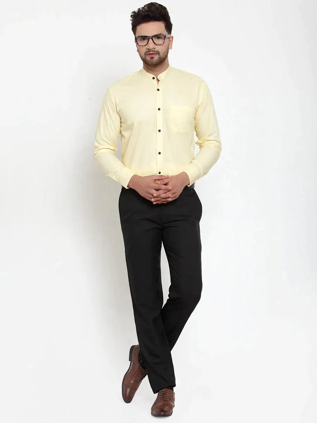 Men's Yellow Cotton Solid Mandarin Collar Formal Shirts - Taantav