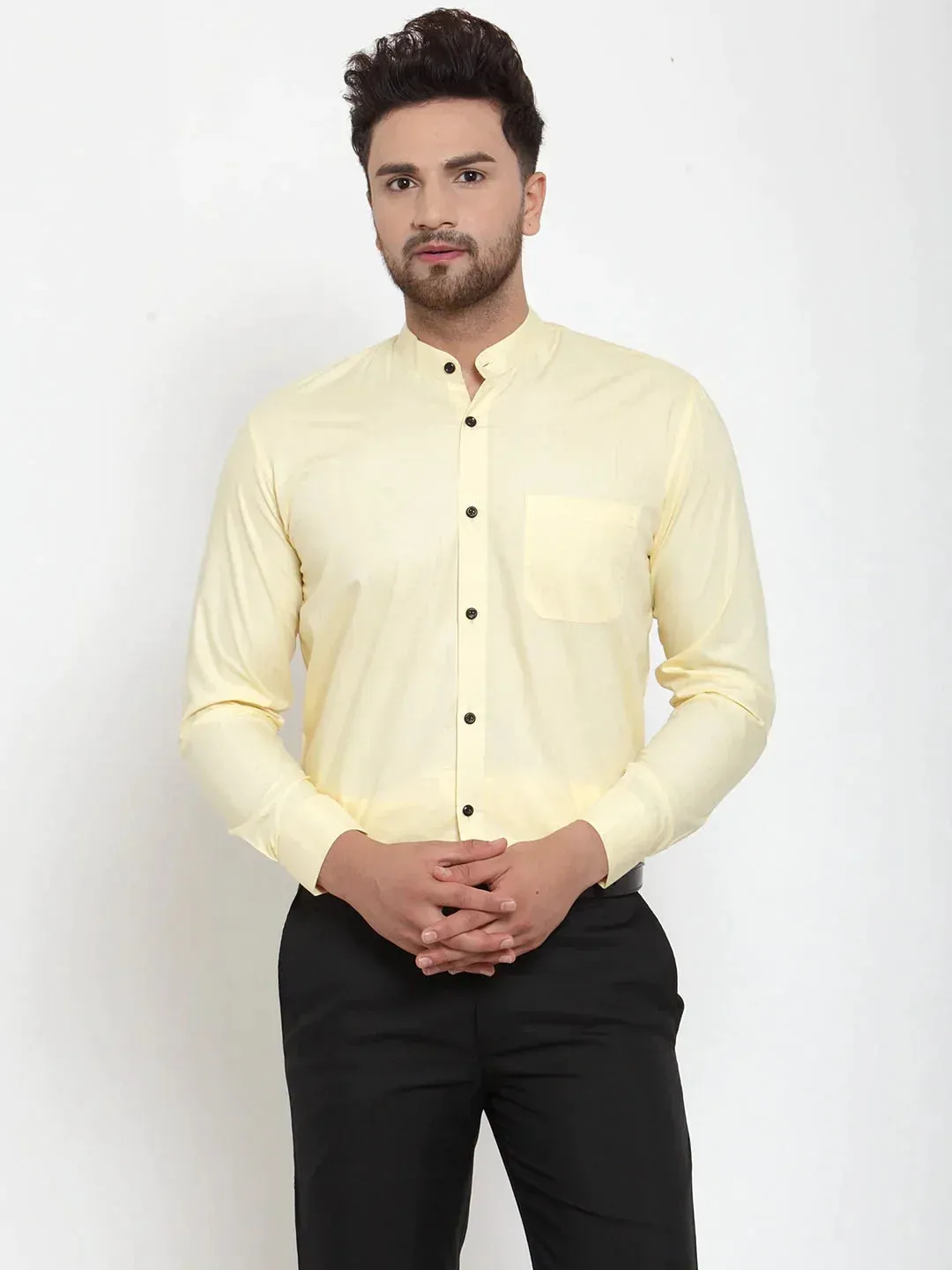 Men's Yellow Cotton Solid Mandarin Collar Formal Shirts - Taantav