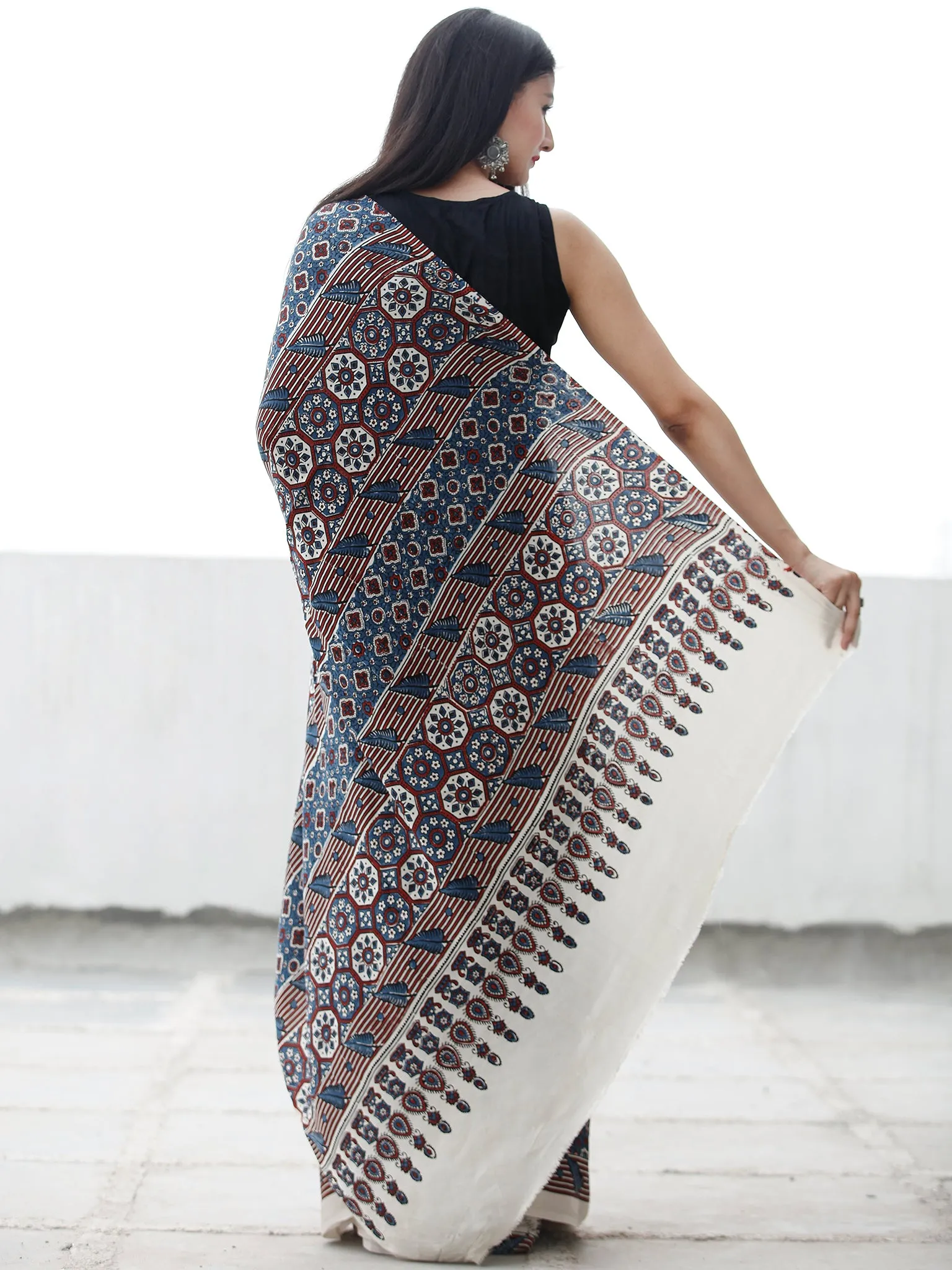 Off White Black Indigo Maroon Ajrakh Hand Block Printed Modal Silk Saree in Natural Colors - S031703698