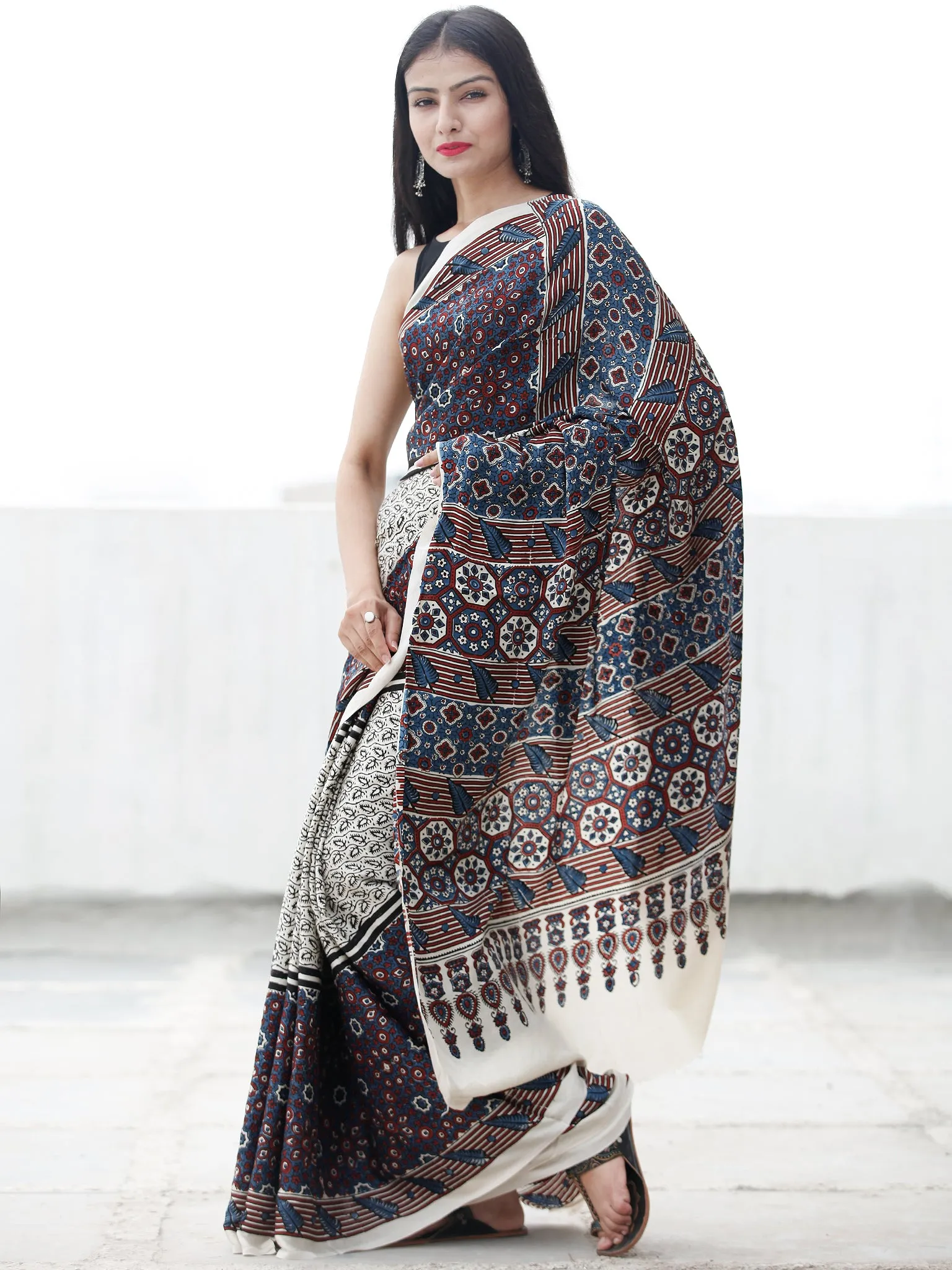 Off White Black Indigo Maroon Ajrakh Hand Block Printed Modal Silk Saree in Natural Colors - S031703698