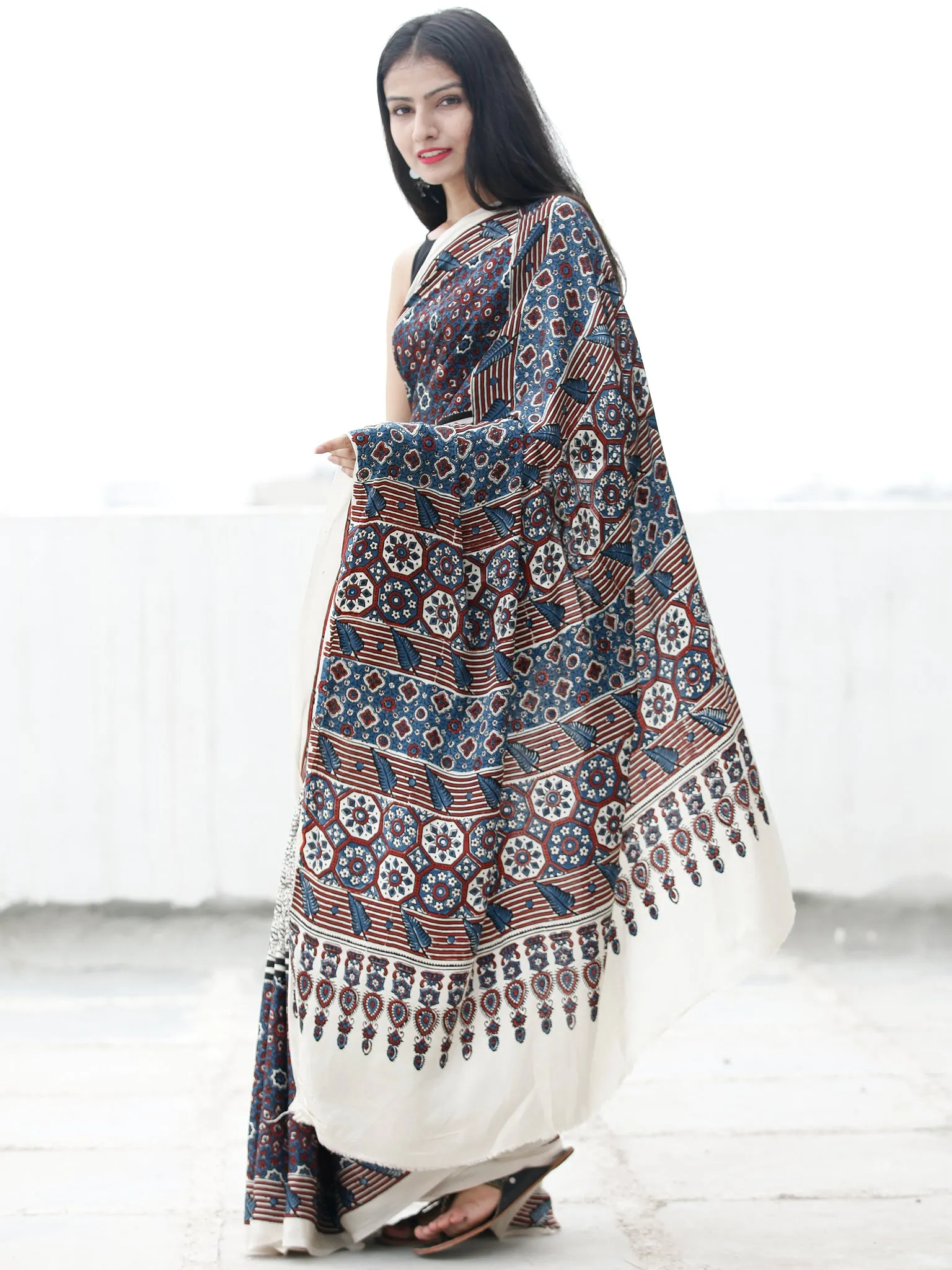 Off White Black Indigo Maroon Ajrakh Hand Block Printed Modal Silk Saree in Natural Colors - S031703698