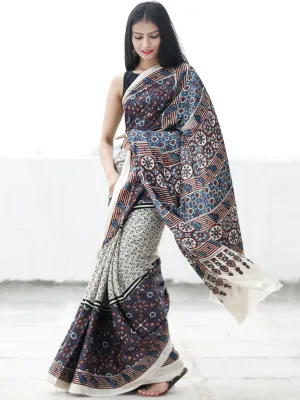 Off White Black Indigo Maroon Ajrakh Hand Block Printed Modal Silk Saree in Natural Colors - S031703698