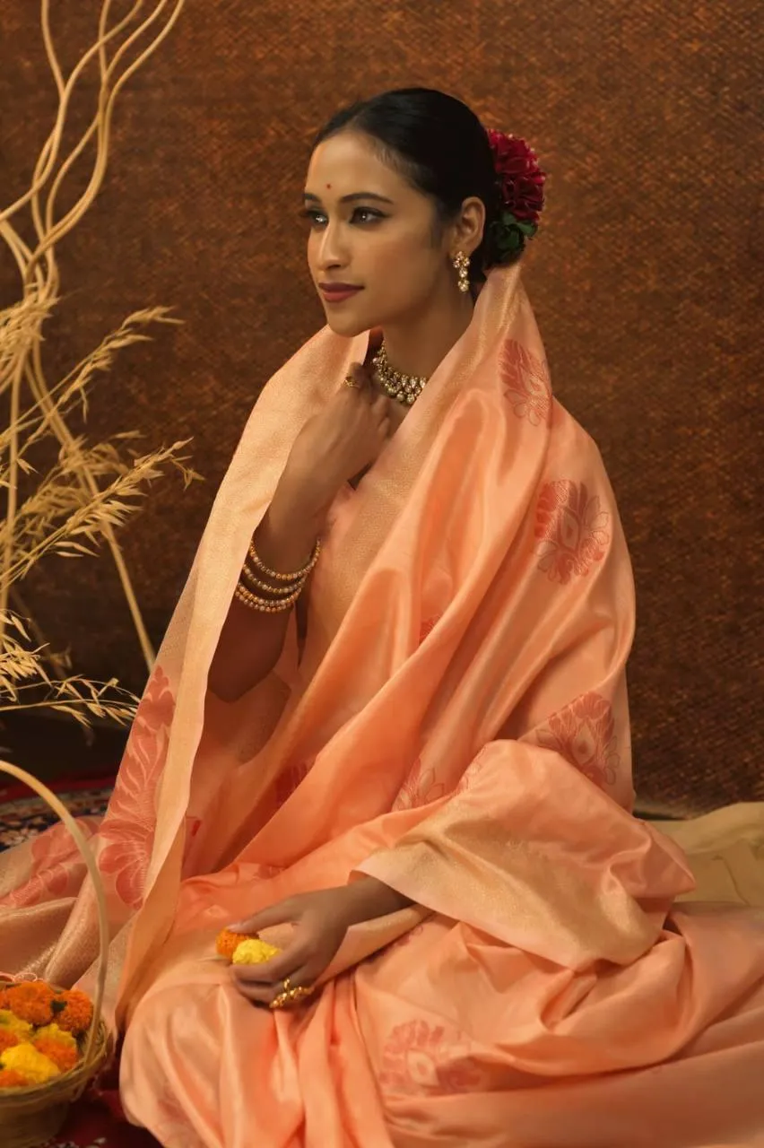 Peach Mulberry Silk  Saree